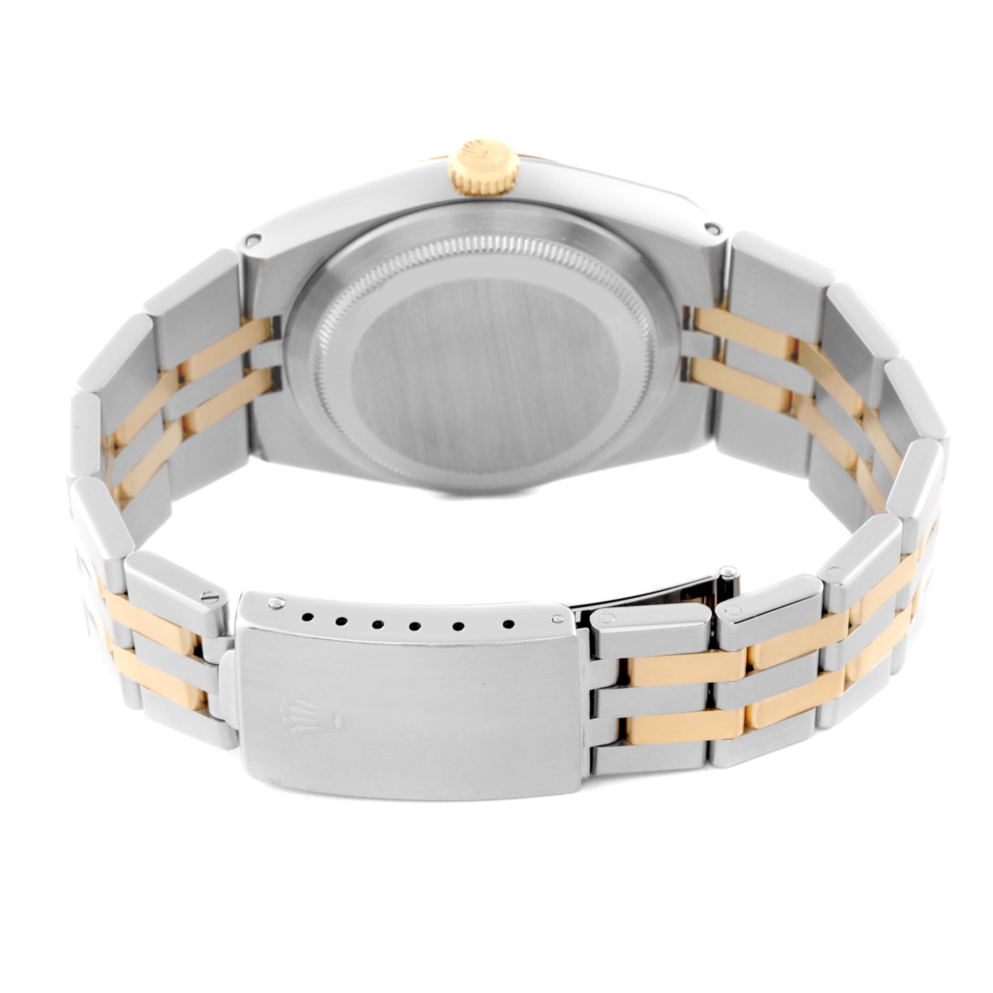 This image shows the backside and clasp of the Rolex Oysterquartz 17013 Men
s Steel and Gold (two tone) White Dial 17013 Men
s Steel and Gold (two tone) White Dial watch, highlighting the two-tone bracelet and case back.