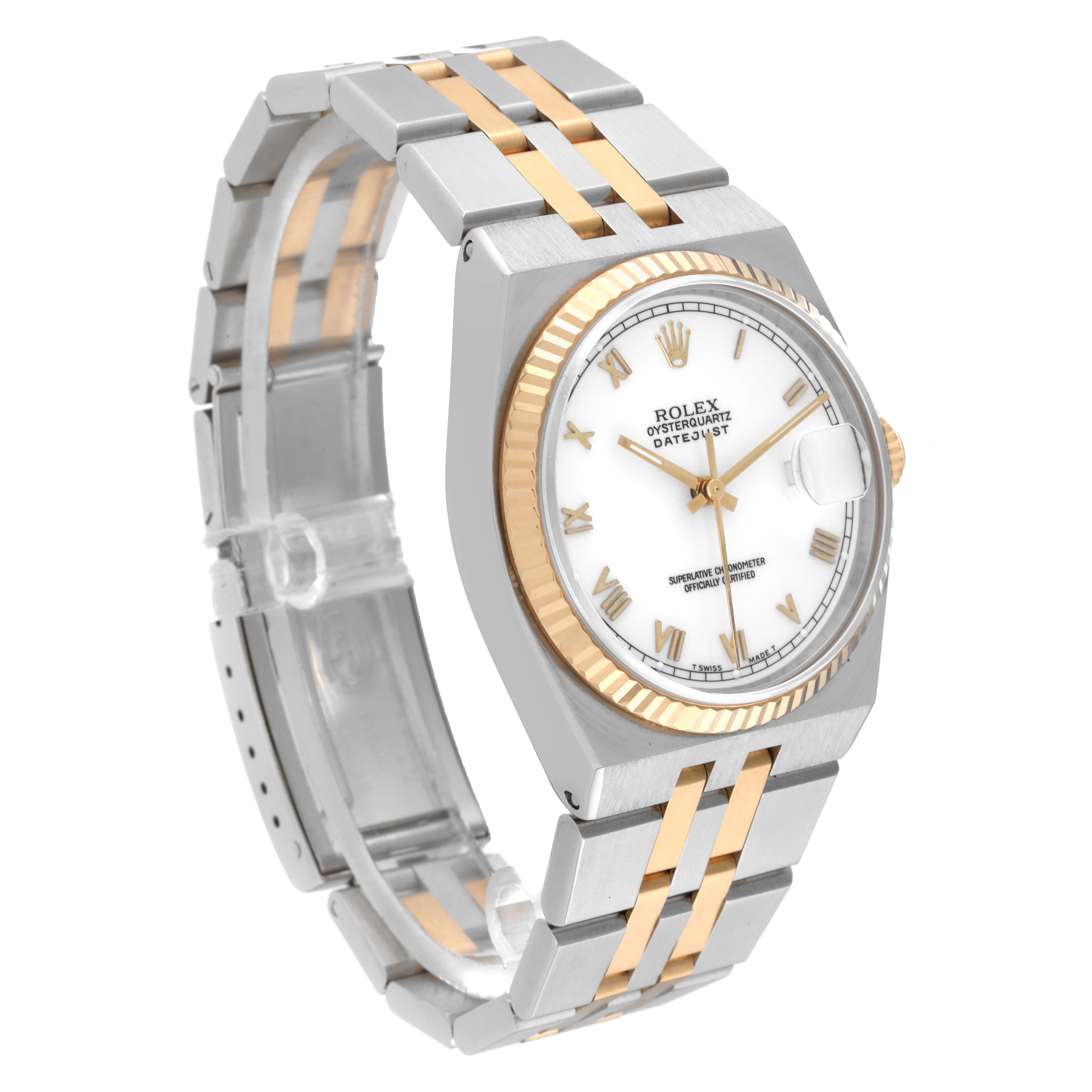 The image shows a side angle of the Rolex Oysterquartz 17013 Men
s Steel and Gold (two tone) White Dial 17013 Men
s Steel and Gold (two tone) White Dial watch, highlighting the face, bezel, crown, and metal strap.