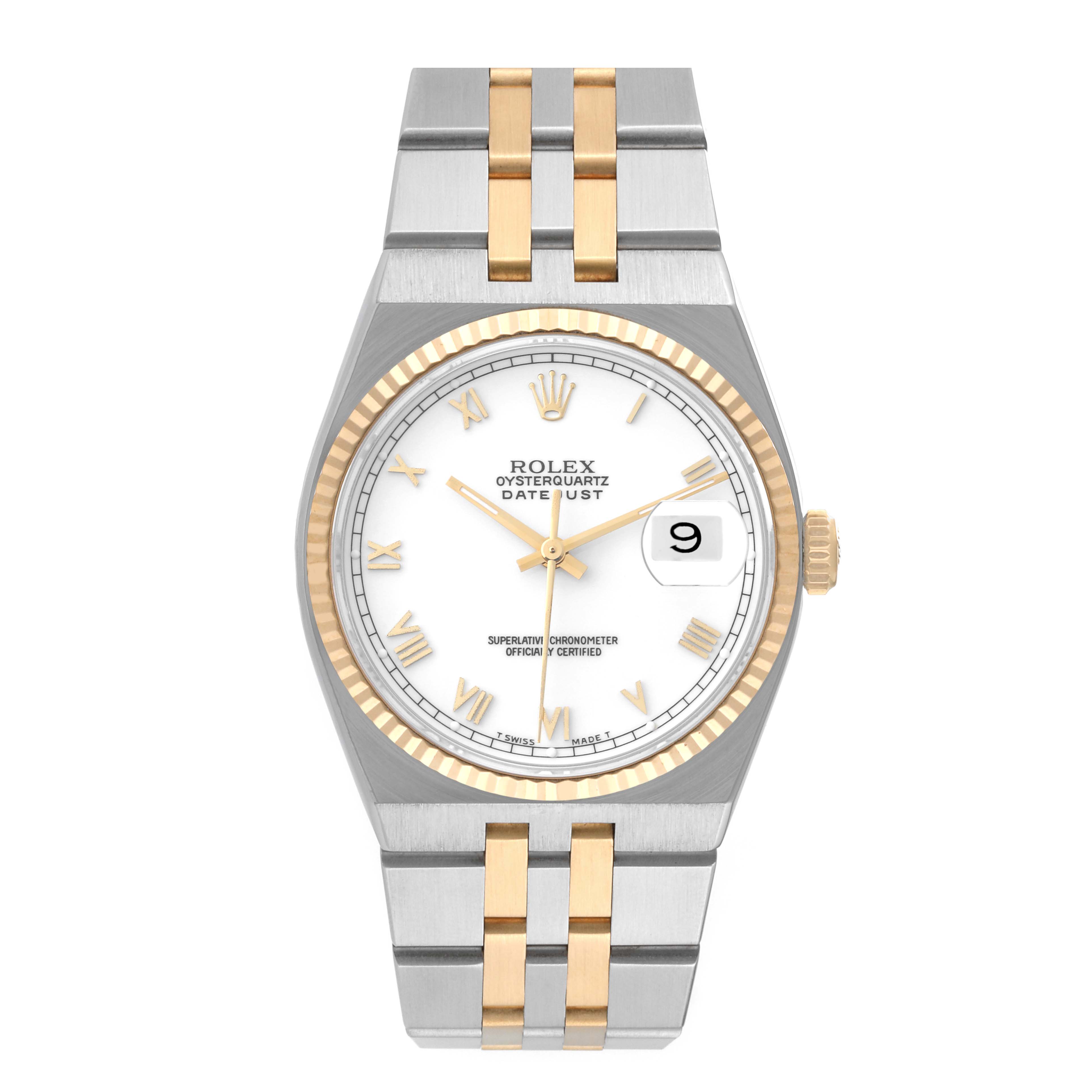 The Rolex Oysterquartz 17013 Men
s Steel and Gold (two tone) White Dial 17013 Men
s Steel and Gold (two tone) White Dial watch is shown from a front angle, displaying its face, bezel, case, and bracelet.
