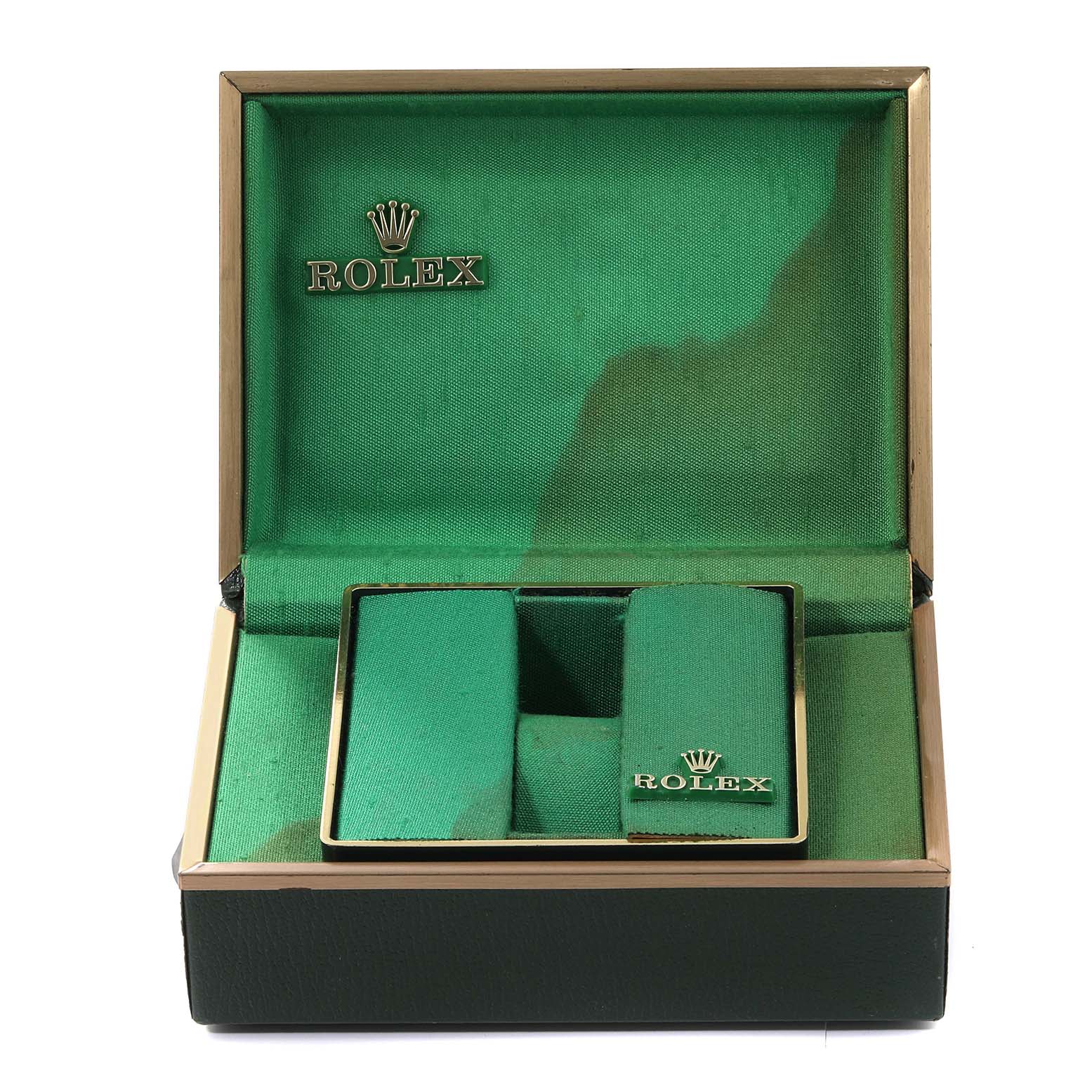 This image shows an open box for the Rolex Oysterquartz 17013 Men
s Steel and Gold (two tone) White Dial 17013 Men
s Steel and Gold (two tone) White Dial watch, viewed from a front angle.