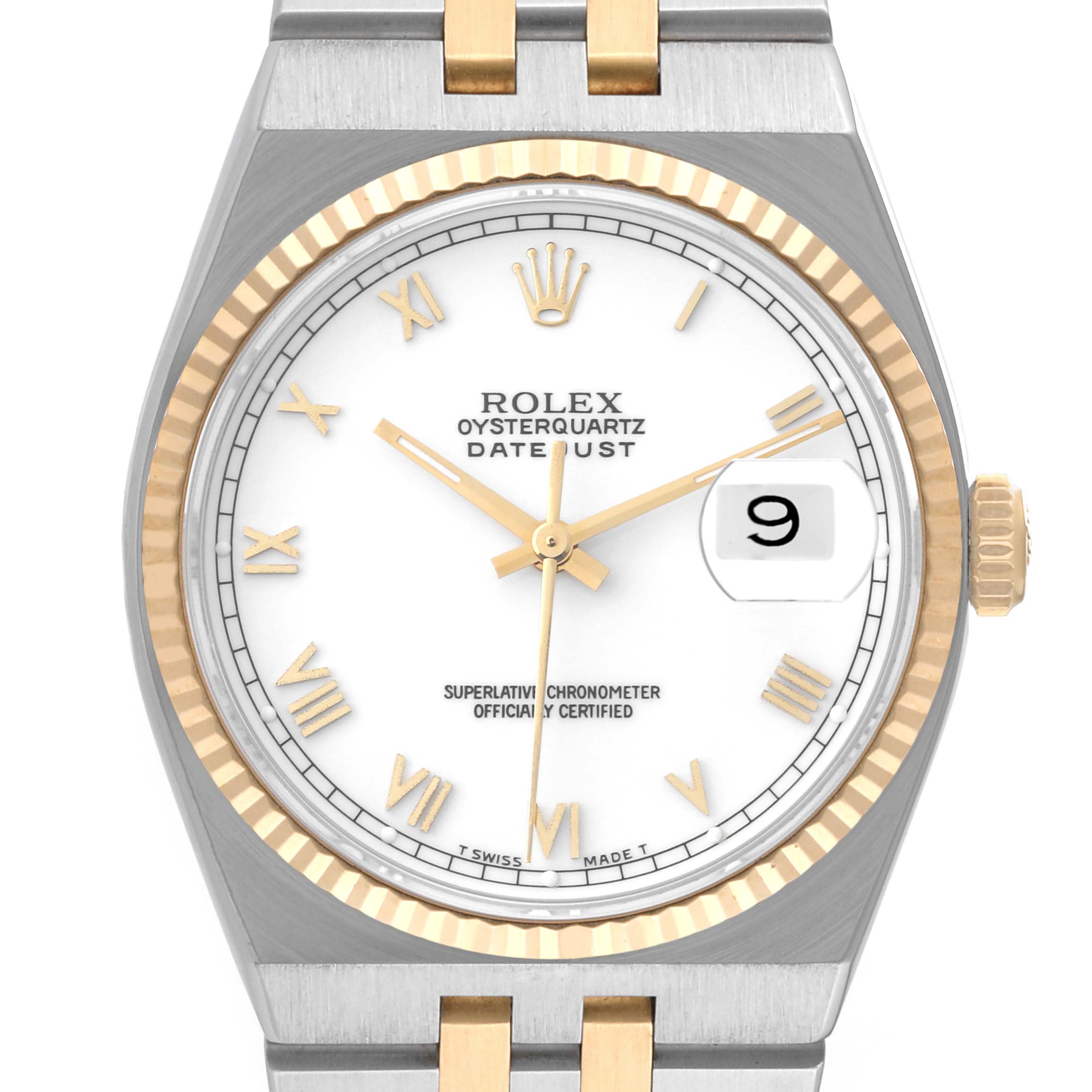 This is a front view showing the face, bezel, bracelet, hands, and date window of the Rolex Oysterquartz 17013 Men
s Steel and Gold (two tone) White Dial 17013 Men
s Steel and Gold (two tone) White Dial watch.