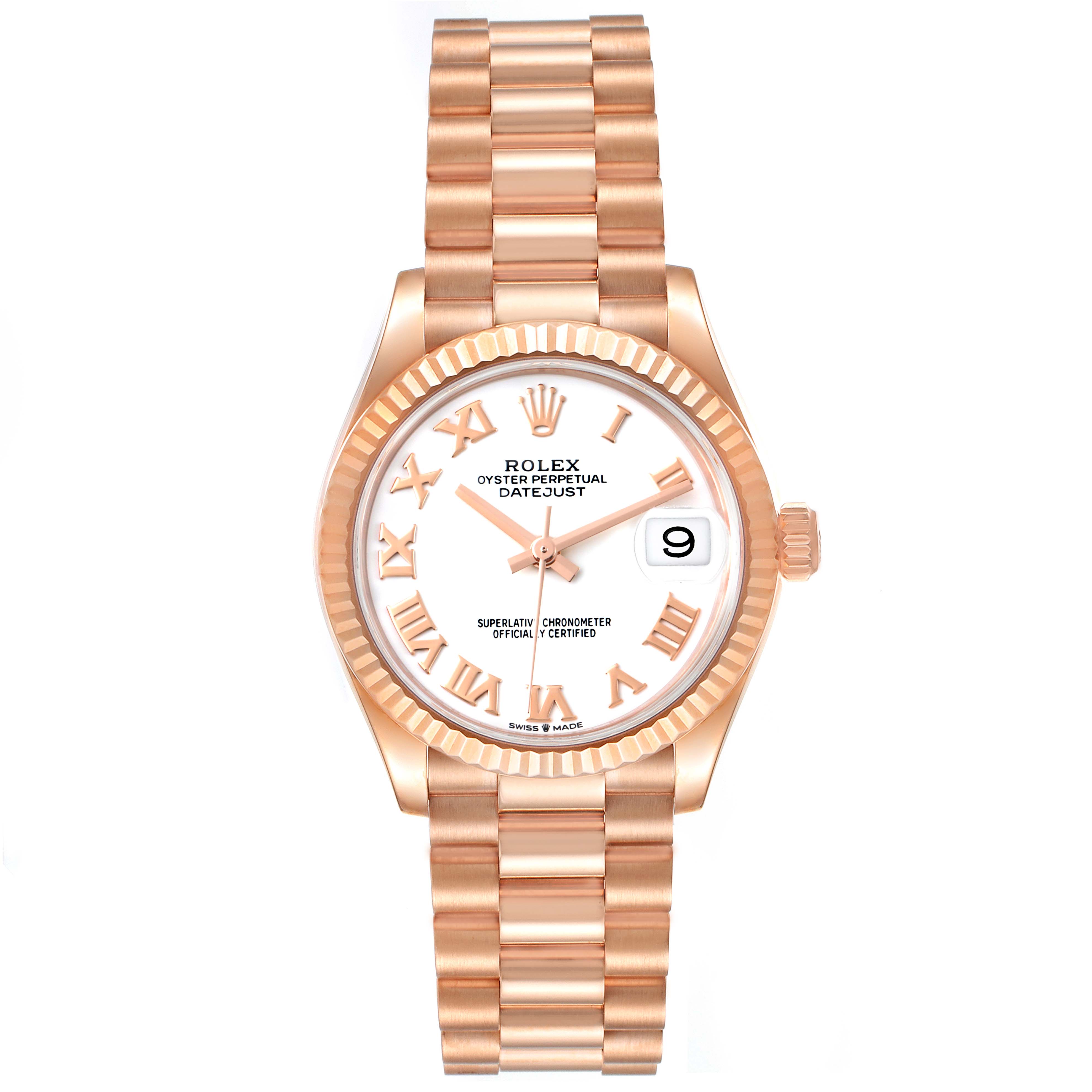 This image shows a front view of the Rolex President 278275 Women's Rose Gold White Dial 278275 Women's Rose Gold White Dial model, displaying its face, bracelet, and crown.
