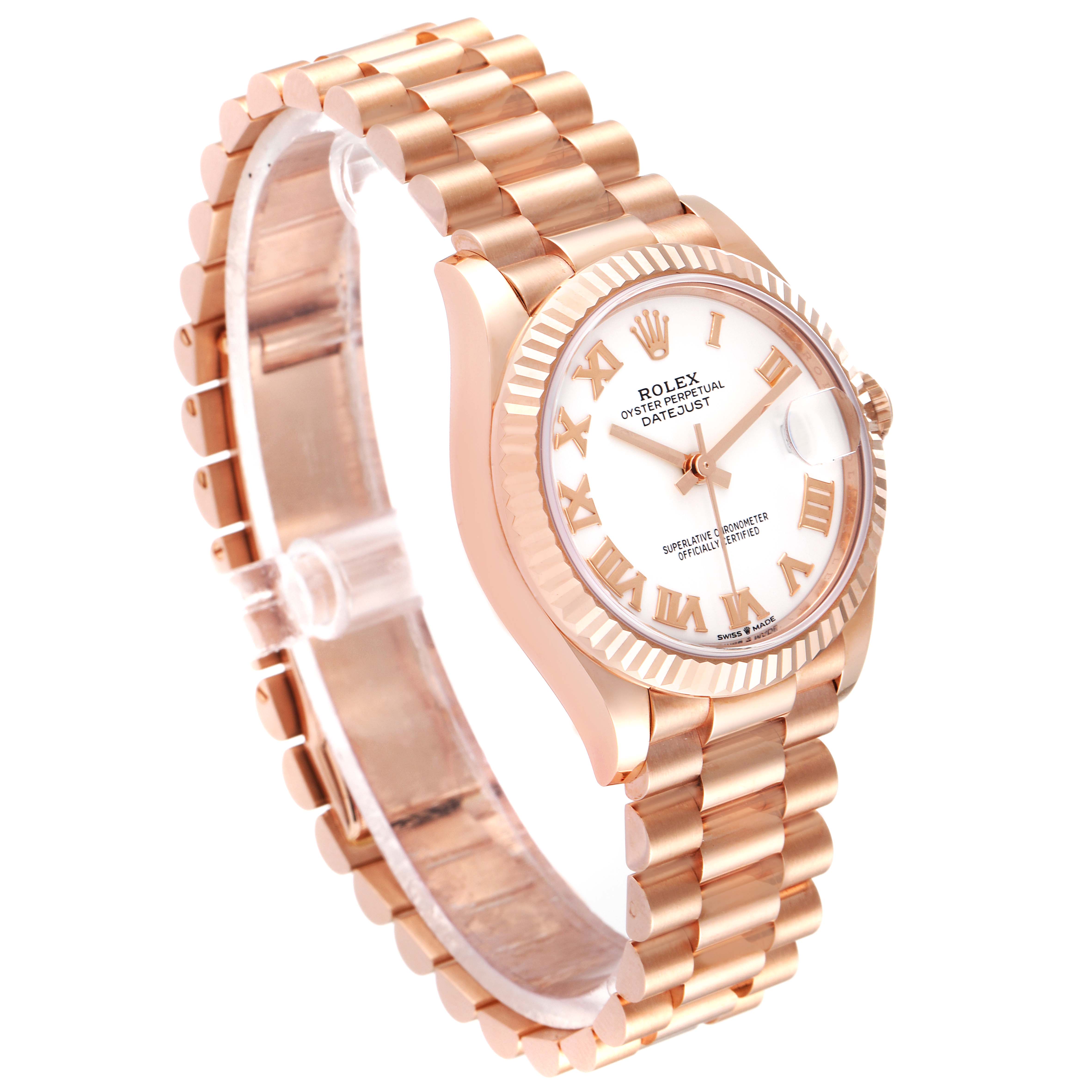 The image shows a side angle view of a Rolex President 278275 Women's Rose Gold White Dial 278275 Women's Rose Gold White Dial model watch, highlighting its rose gold bracelet and fluted bezel.