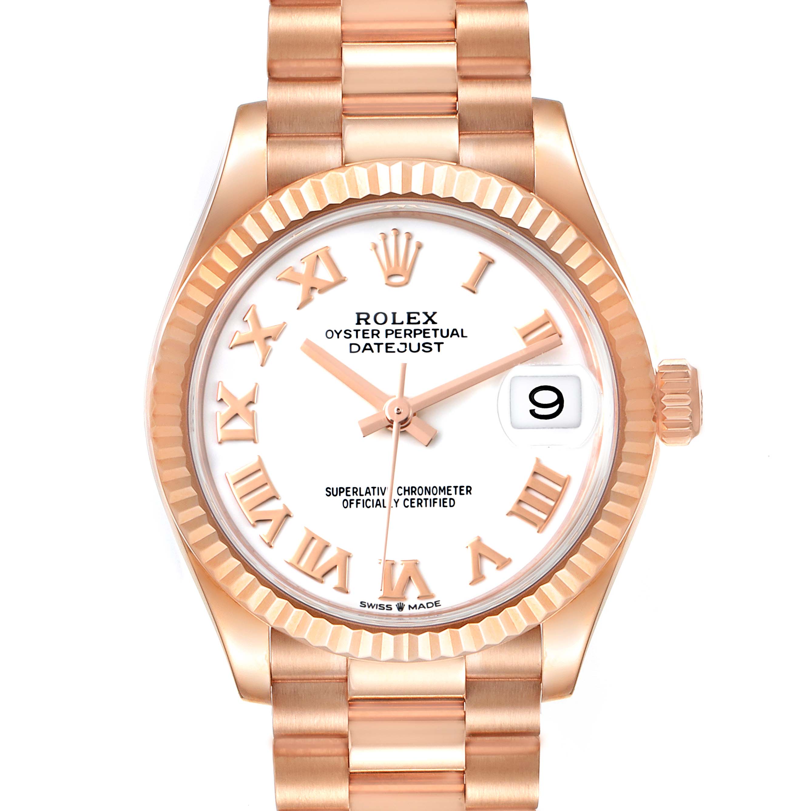 The Rolex President 278275 Women's Rose Gold White Dial 278275 Women's Rose Gold White Dial model watch is shown from a top-down angle, featuring its white dial, Roman numerals, date window, and gold bracelet.