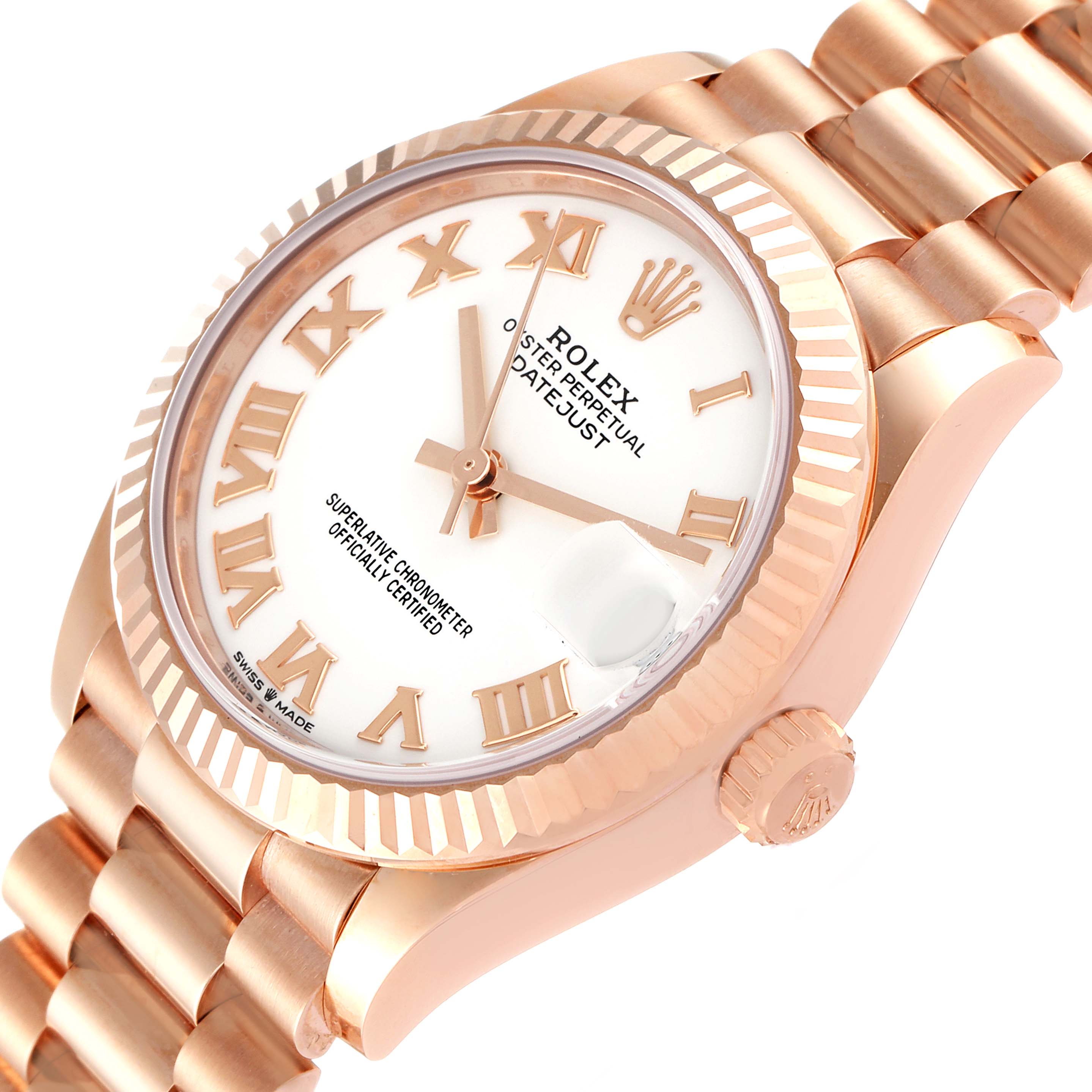 This image shows a Rolex President 278275 Women's Rose Gold White Dial 278275 Women's Rose Gold White Dial model watch in a close-up angle highlighting the dial, fluted bezel, and part of the bracelet.