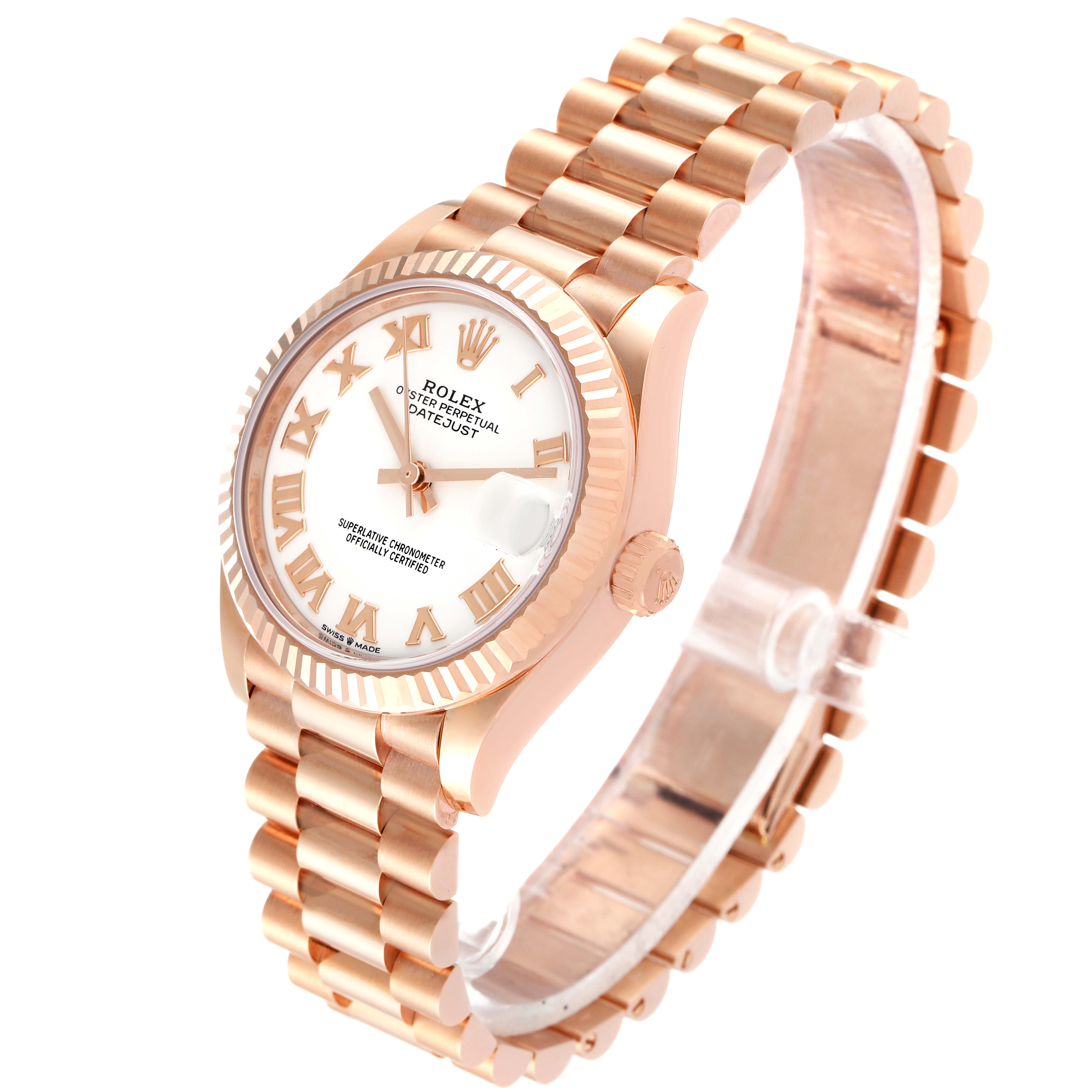 This image shows a Rolex President 278275 Women's Rose Gold White Dial 278275 Women's Rose Gold White Dial model watch from a top-side angle, highlighting its face, bezel, dial, and bracelet.