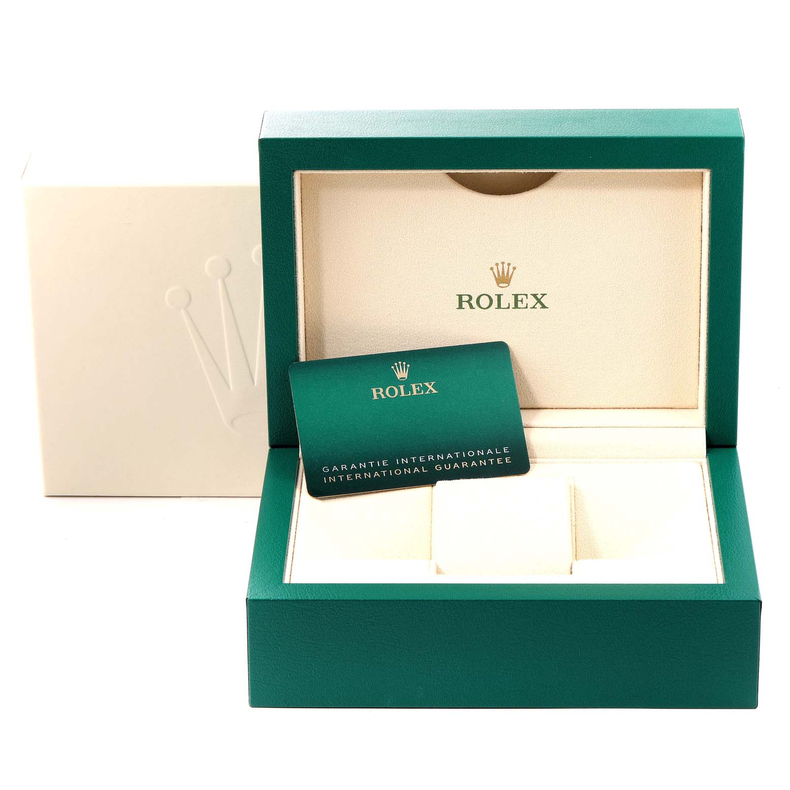 The image shows a green Rolex President 278275 Women's Rose Gold White Dial 278275 Women's Rose Gold White Dial model watch box and an international guarantee card.