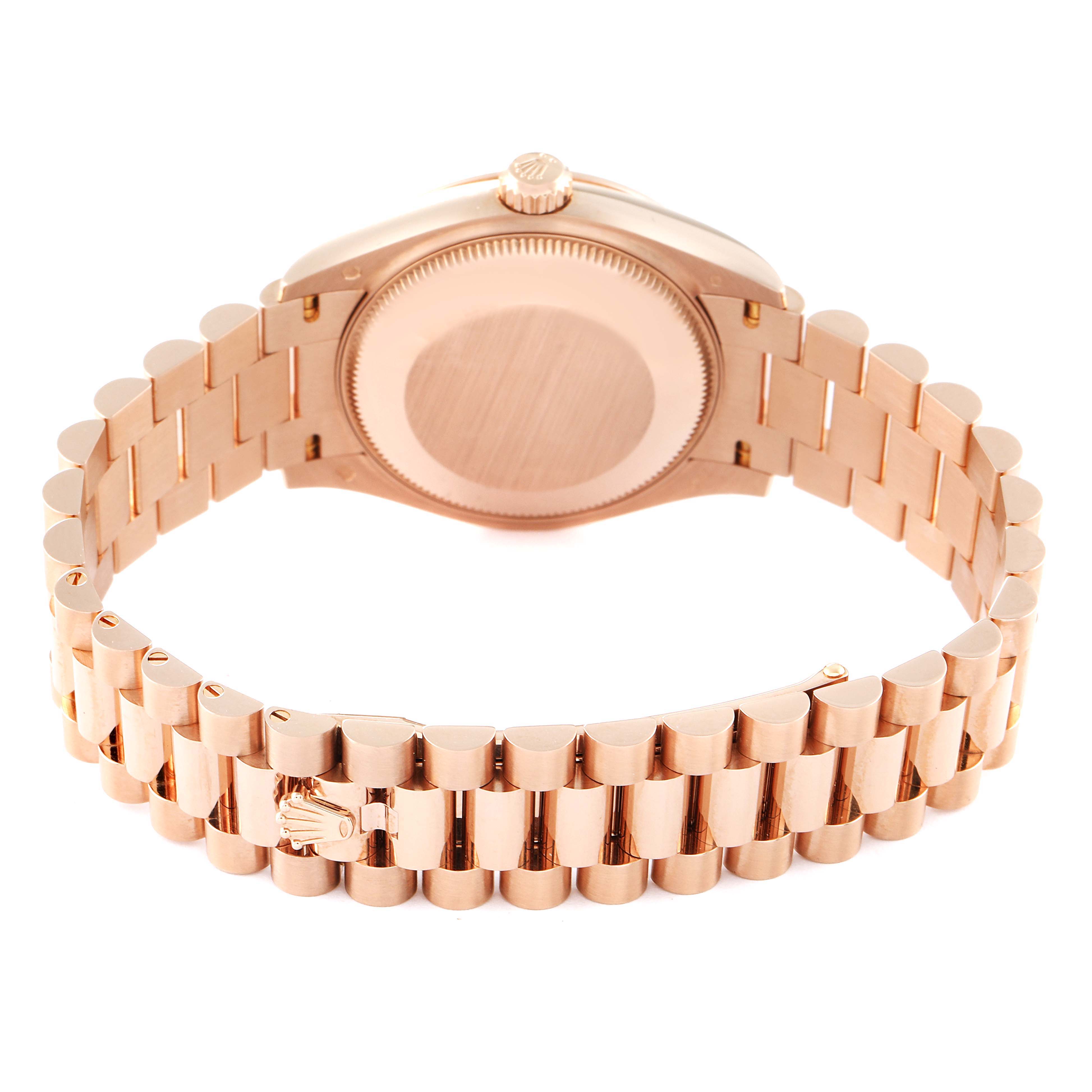 The image shows the back case and bracelet of a Rolex President 278275 Women's Rose Gold White Dial 278275 Women's Rose Gold White Dial model watch, photographed from the rear.