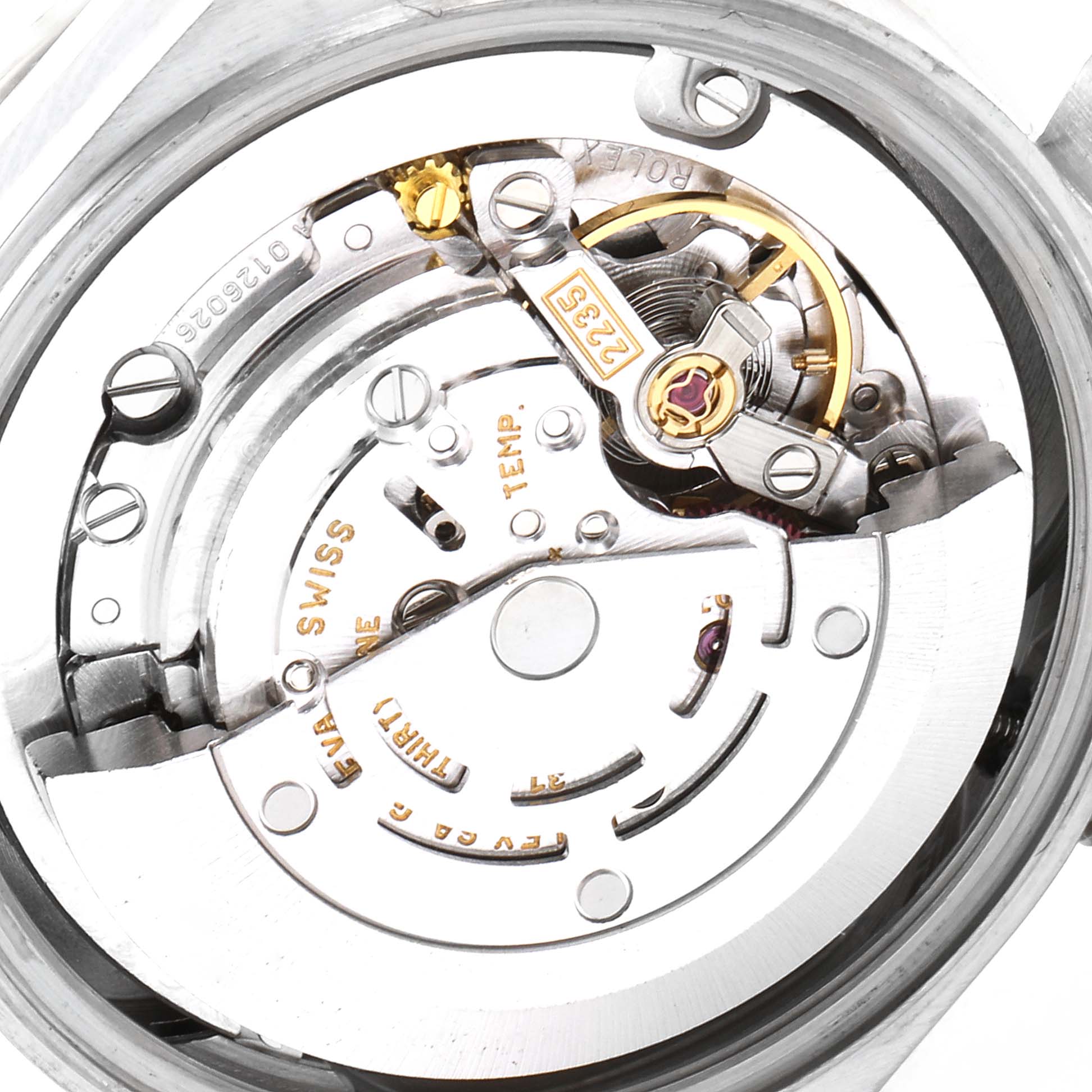 This image shows the intricate internal mechanisms and movement of a Rolex President 78159 Women's White Gold Silver Dial 78159 Women's White Gold Silver Dial model watch from a close-up angle.