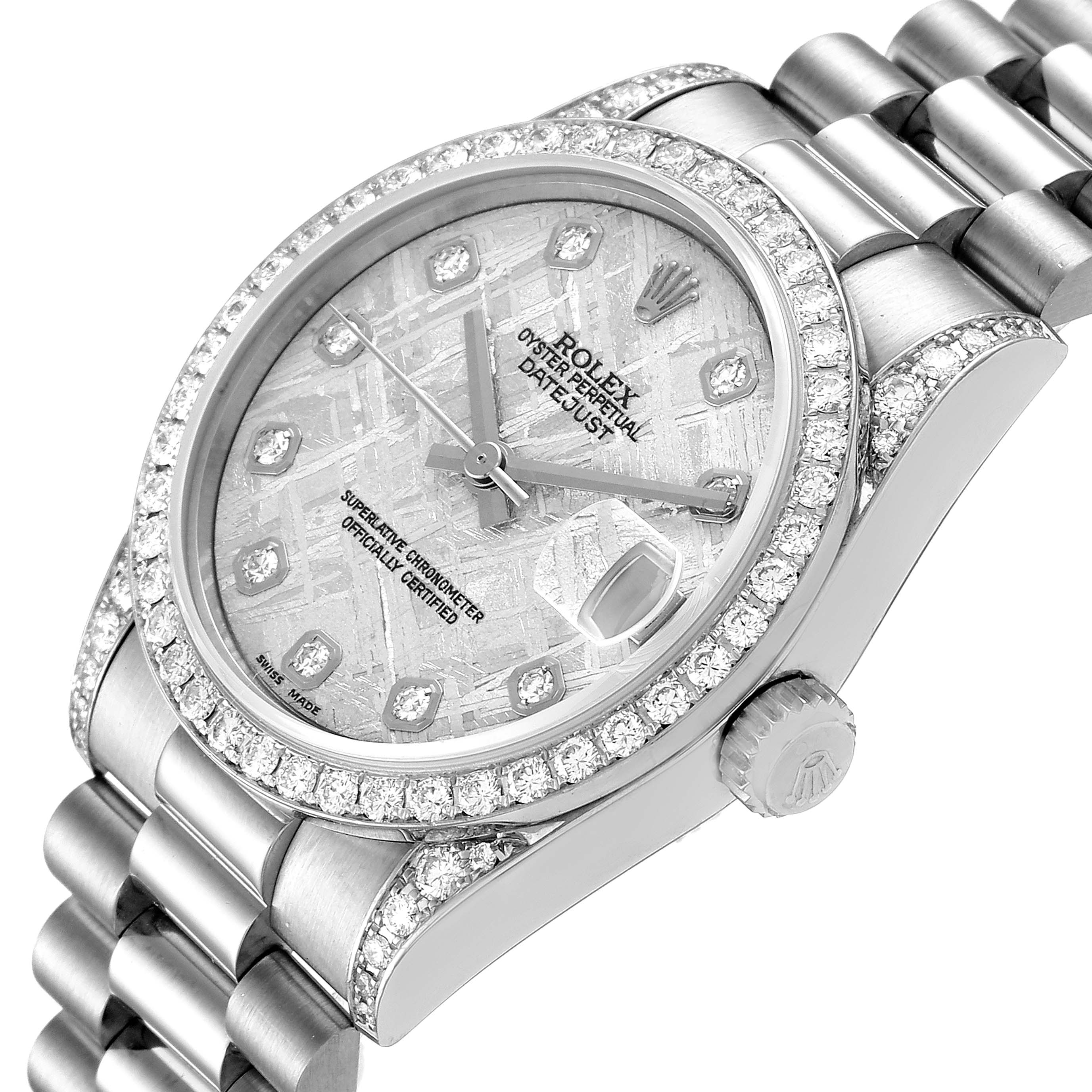 The image shows a Rolex President 78159 Women's White Gold Silver Dial 78159 Women's White Gold Silver Dial model watch at an angle highlighting the face, bezel, crown, and bracelet.