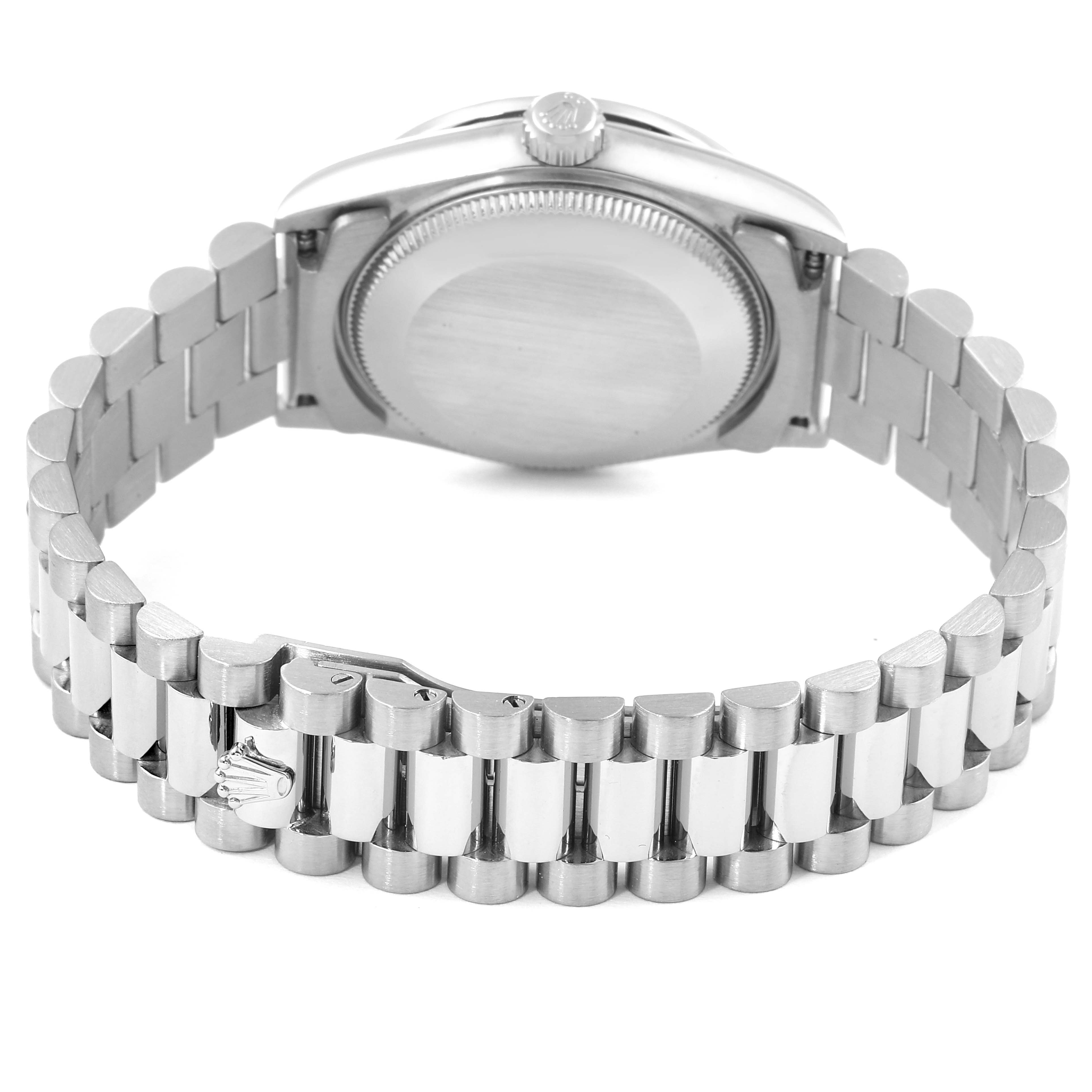 The image shows the back case and bracelet of a Rolex President 78159 Women's White Gold Silver Dial 78159 Women's White Gold Silver Dial model watch.