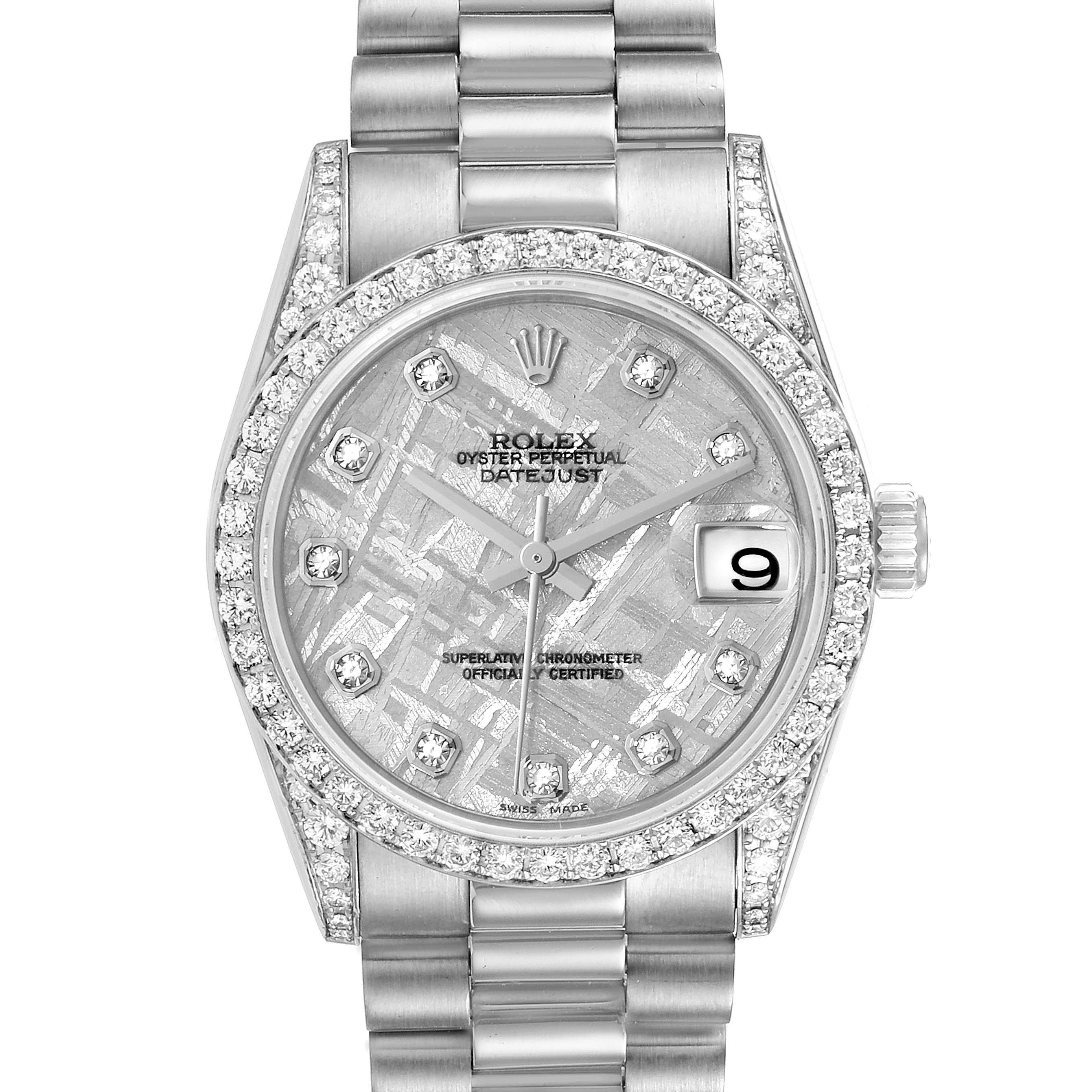 This image shows the front view of a Rolex President 78159 Women's White Gold Silver Dial 78159 Women's White Gold Silver Dial Datejust watch, highlighting its dial, bezel, crown, and bracelet.