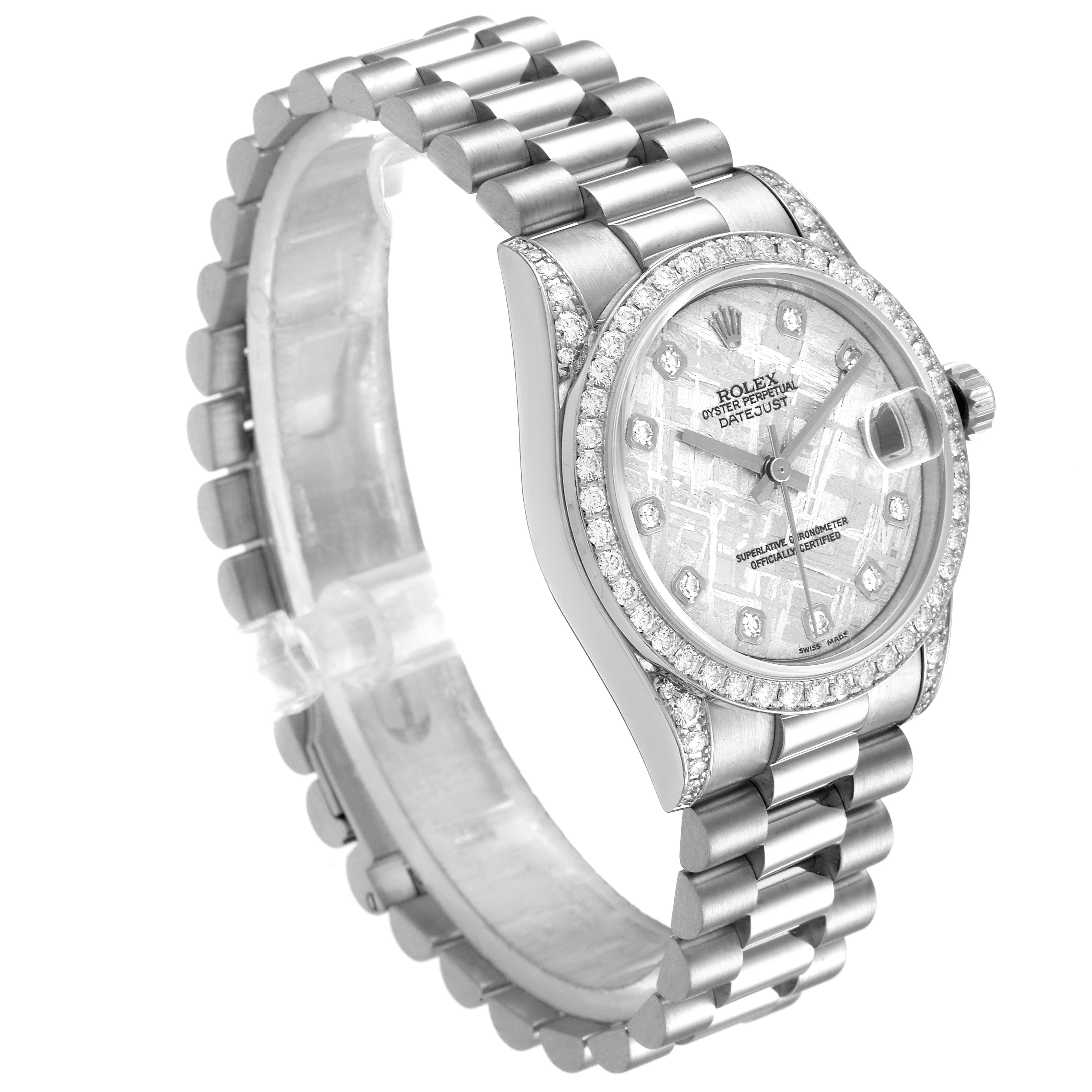 The image shows a Rolex President 78159 Women's White Gold Silver Dial 78159 Women's White Gold Silver Dial model watch at a slight angle, highlighting the band, watch face, and diamond bezel.