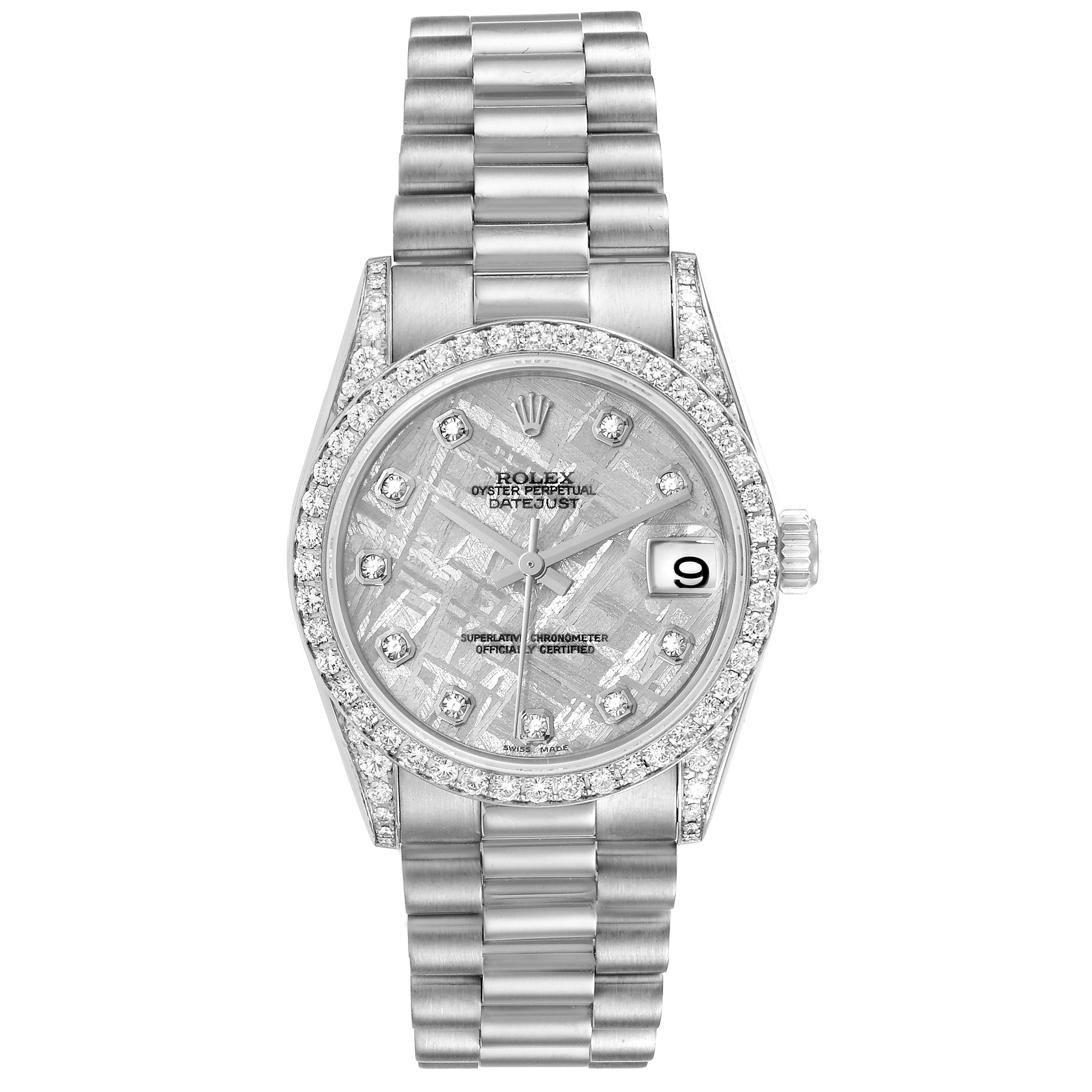 The image shows a Rolex President 78159 Women's White Gold Silver Dial 78159 Women's White Gold Silver Dial model watch, displaying its face, bracelet, and bezel with diamonds from a front angle.