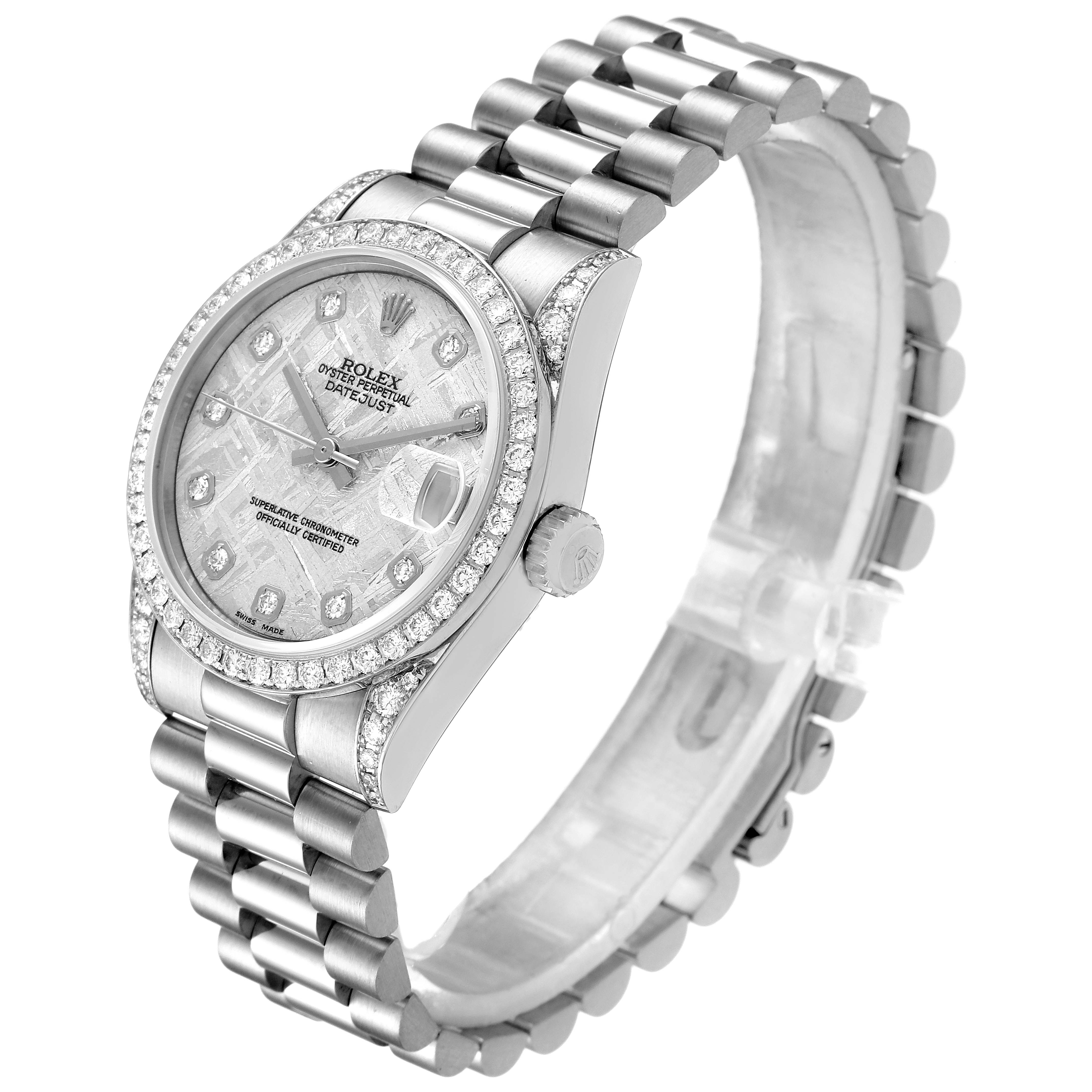 The image shows a Rolex President 78159 Women's White Gold Silver Dial 78159 Women's White Gold Silver Dial model watch at a slight angle, highlighting its face, bezel, crown, and bracelet.