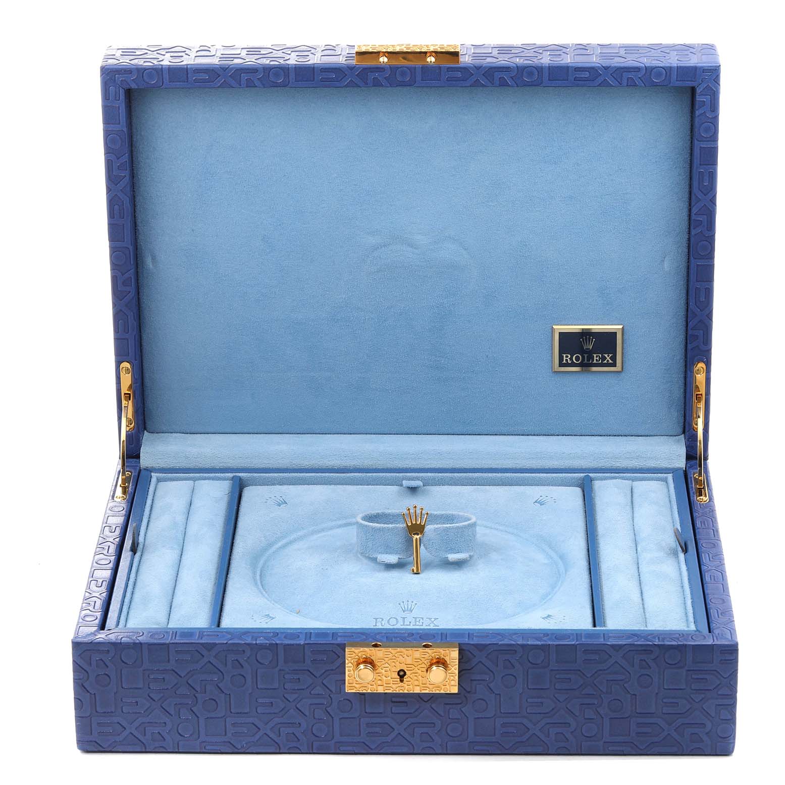 The image shows an open blue Rolex watch box, designed to hold a Rolex President 78159 Women's White Gold Silver Dial 78159 Women's White Gold Silver Dial model watch.