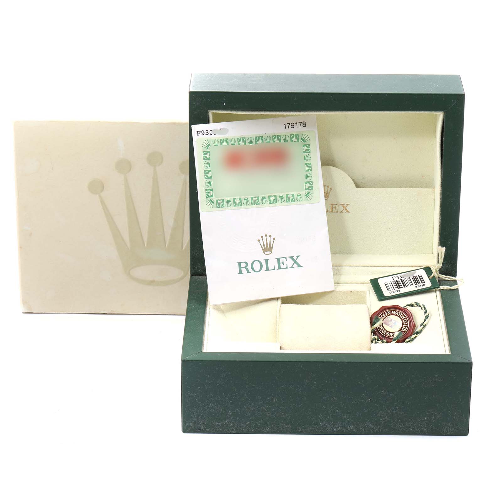 The image shows the open box and accessories of a Rolex President 179178 Women's Yellow Gold Mother of Pearl Dial 179178 Women's Yellow Gold Mother of Pearl Dial model watch, including tags and paperwork.