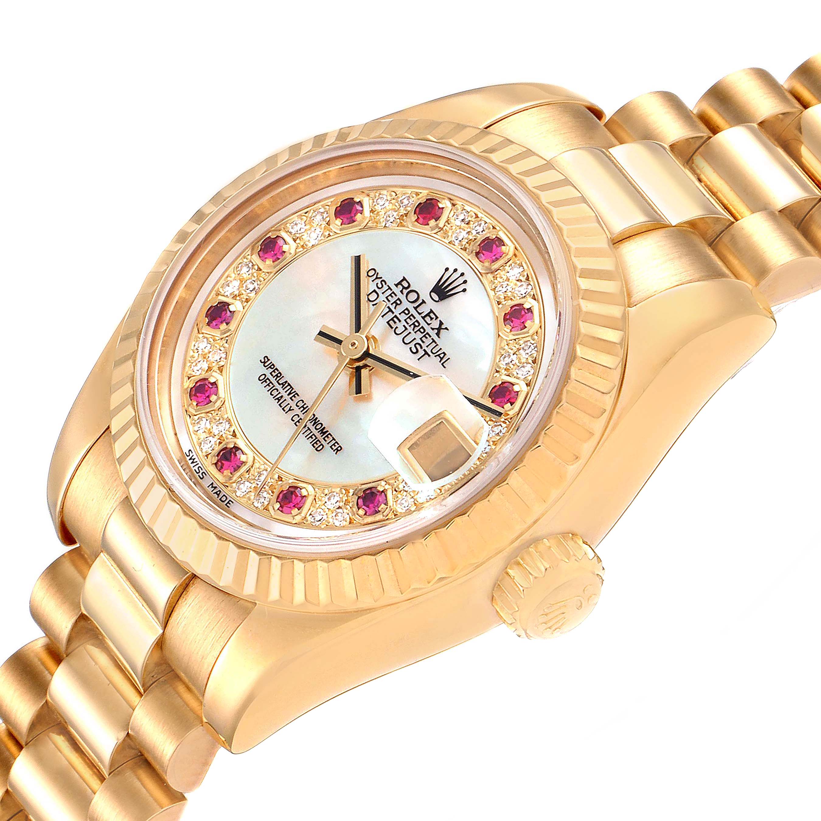 This is a close-up angle of a gold Rolex President 179178 Women's Yellow Gold Mother of Pearl Dial 179178 Women's Yellow Gold Mother of Pearl Dial model watch, showing its dial, bezel, crown, and part of the bracelet.