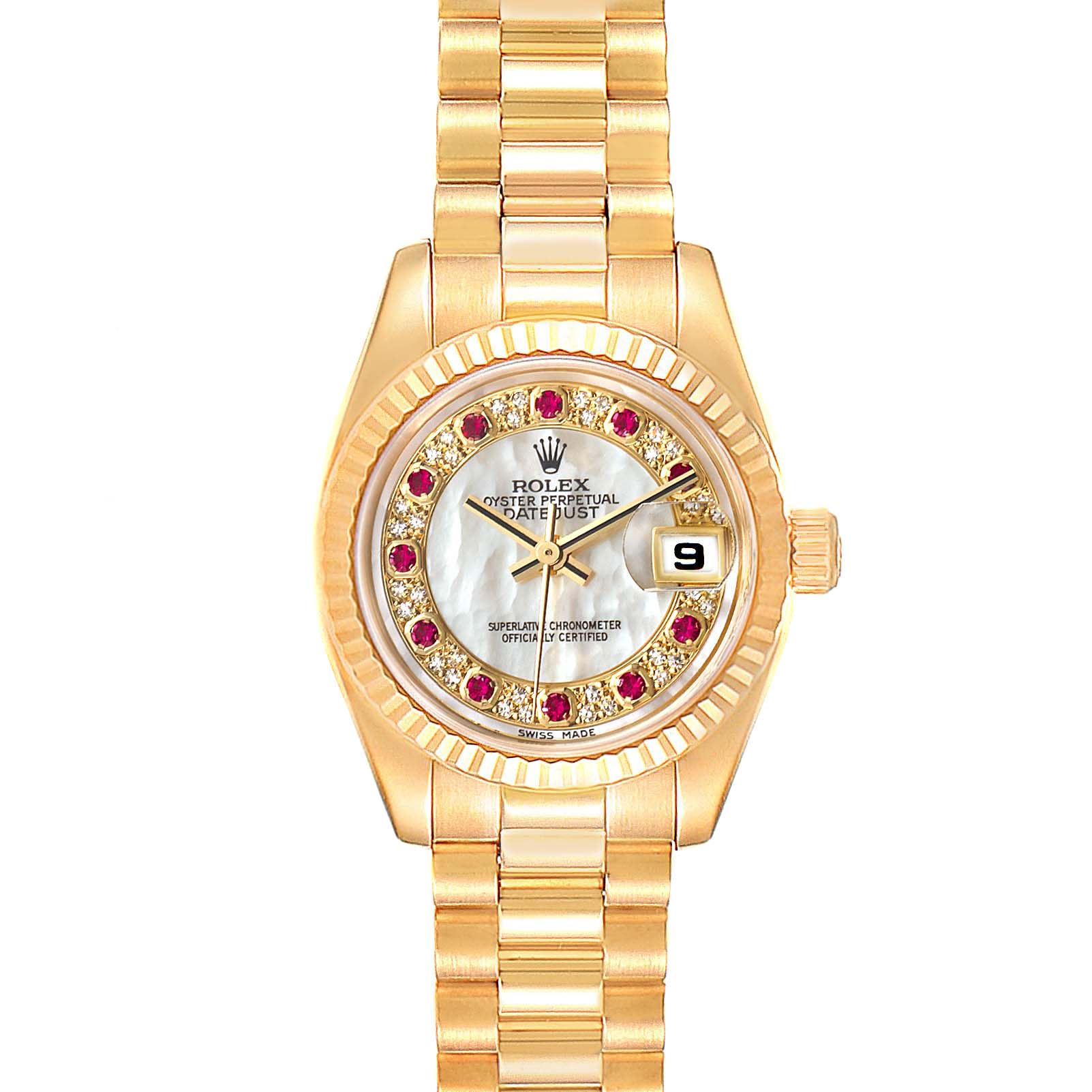 This image shows a head-on view of the Rolex President 179178 Women's Yellow Gold Mother of Pearl Dial 179178 Women's Yellow Gold Mother of Pearl Dial model watch, highlighting its face, bezel, and part of the band.