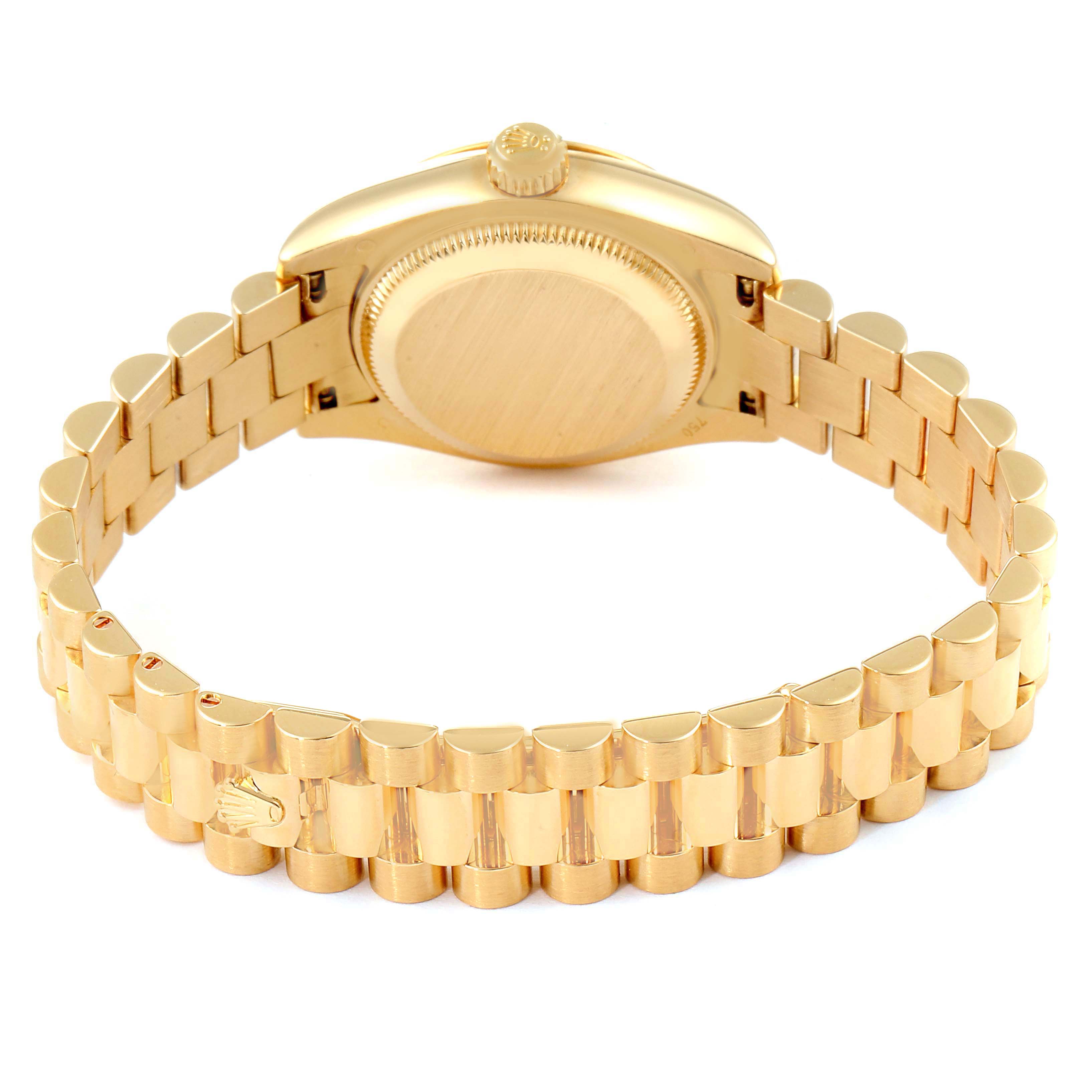 This image shows the back case and band of a Rolex President 179178 Women's Yellow Gold Mother of Pearl Dial 179178 Women's Yellow Gold Mother of Pearl Dial model watch, viewed from a rear angle.