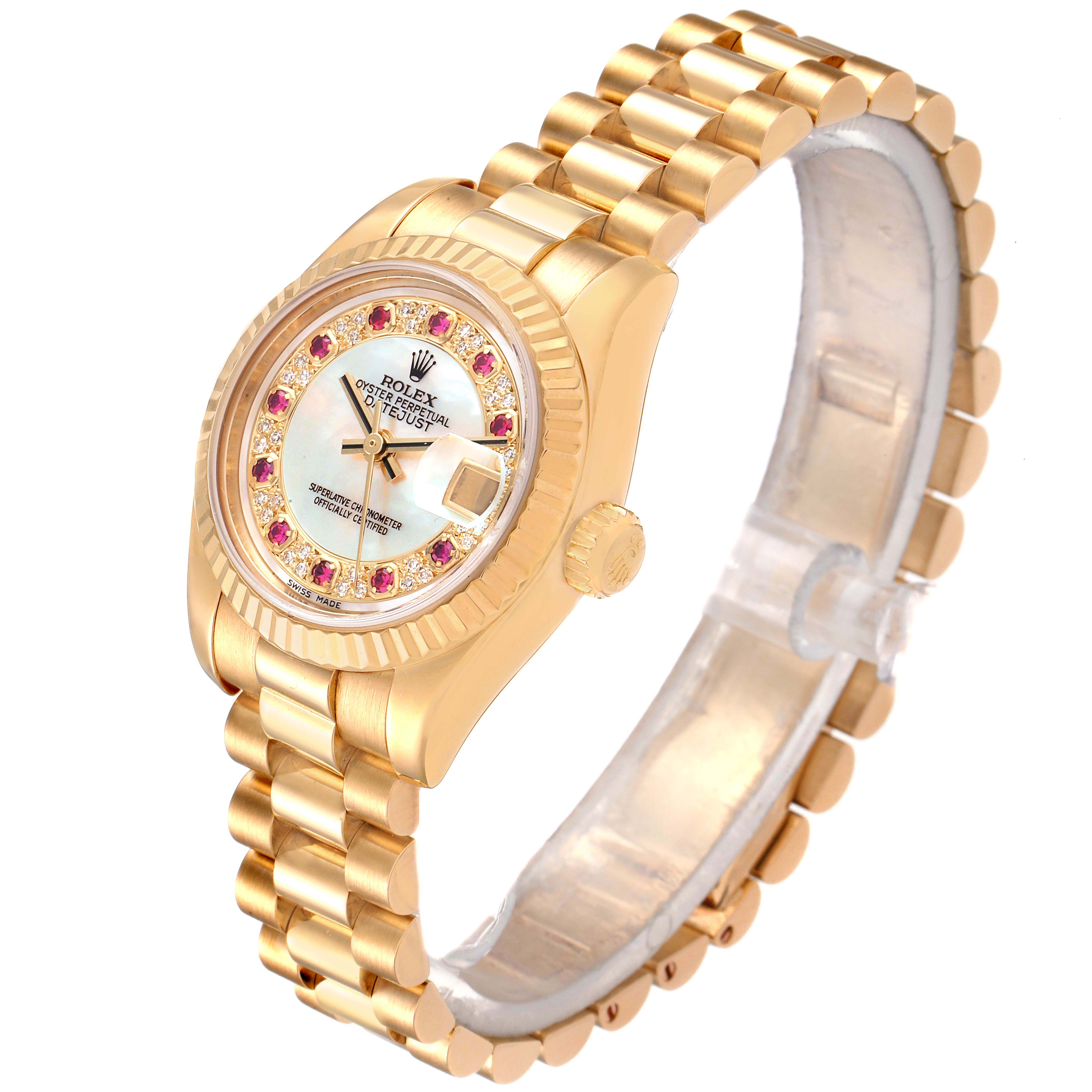 This Rolex President 179178 Women's Yellow Gold Mother of Pearl Dial 179178 Women's Yellow Gold Mother of Pearl Dial model watch is shown at a slight angle, displaying the face, bracelet, and crown.