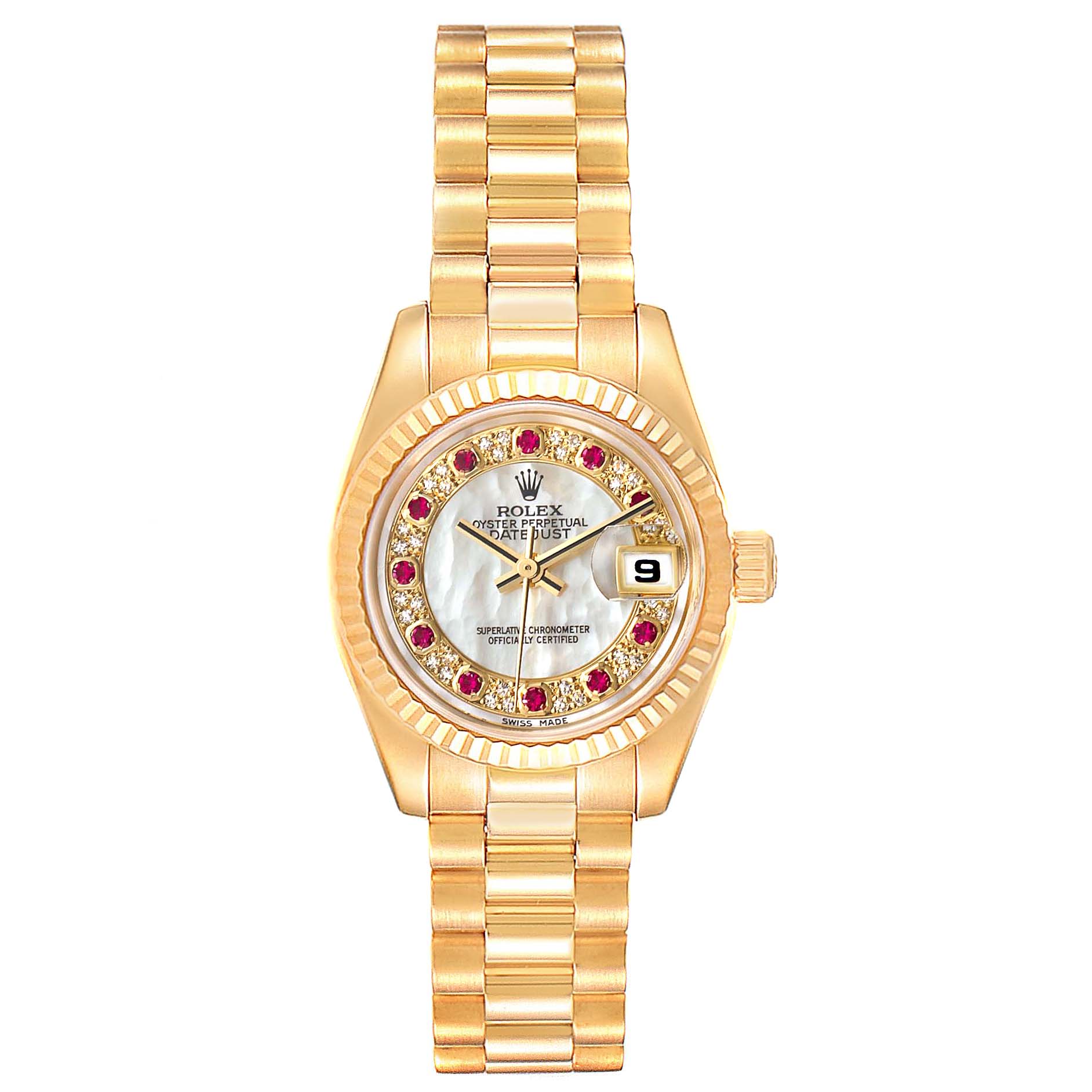 The image shows a Rolex President 179178 Women's Yellow Gold Mother of Pearl Dial 179178 Women's Yellow Gold Mother of Pearl Dial model watch from a top-down angle, highlighting its face, bezel, bracelet, and date feature.