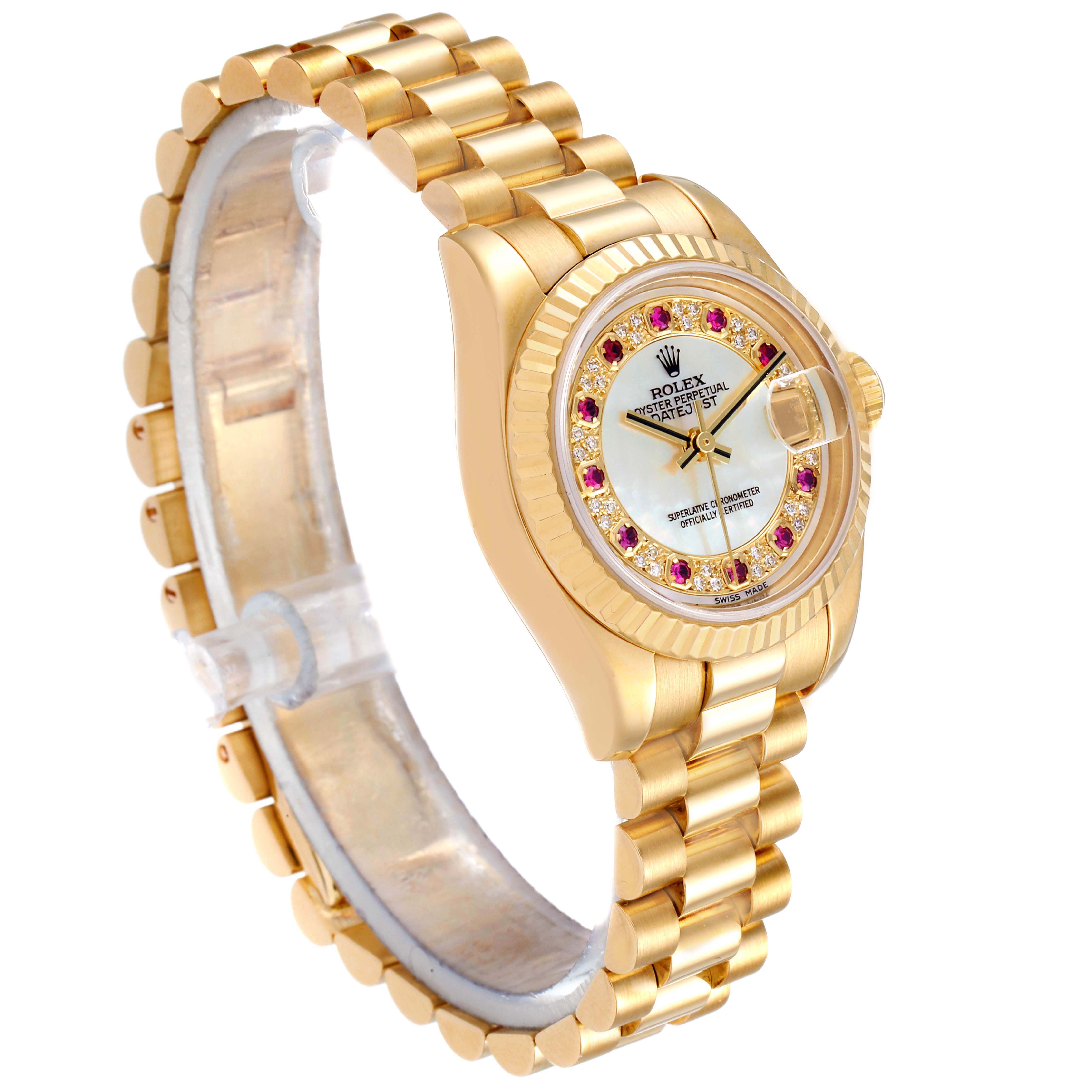 This Rolex President 179178 Women's Yellow Gold Mother of Pearl Dial 179178 Women's Yellow Gold Mother of Pearl Dial model watch is shown in a side angle, displaying its gold bracelet, bezel, and watch face.