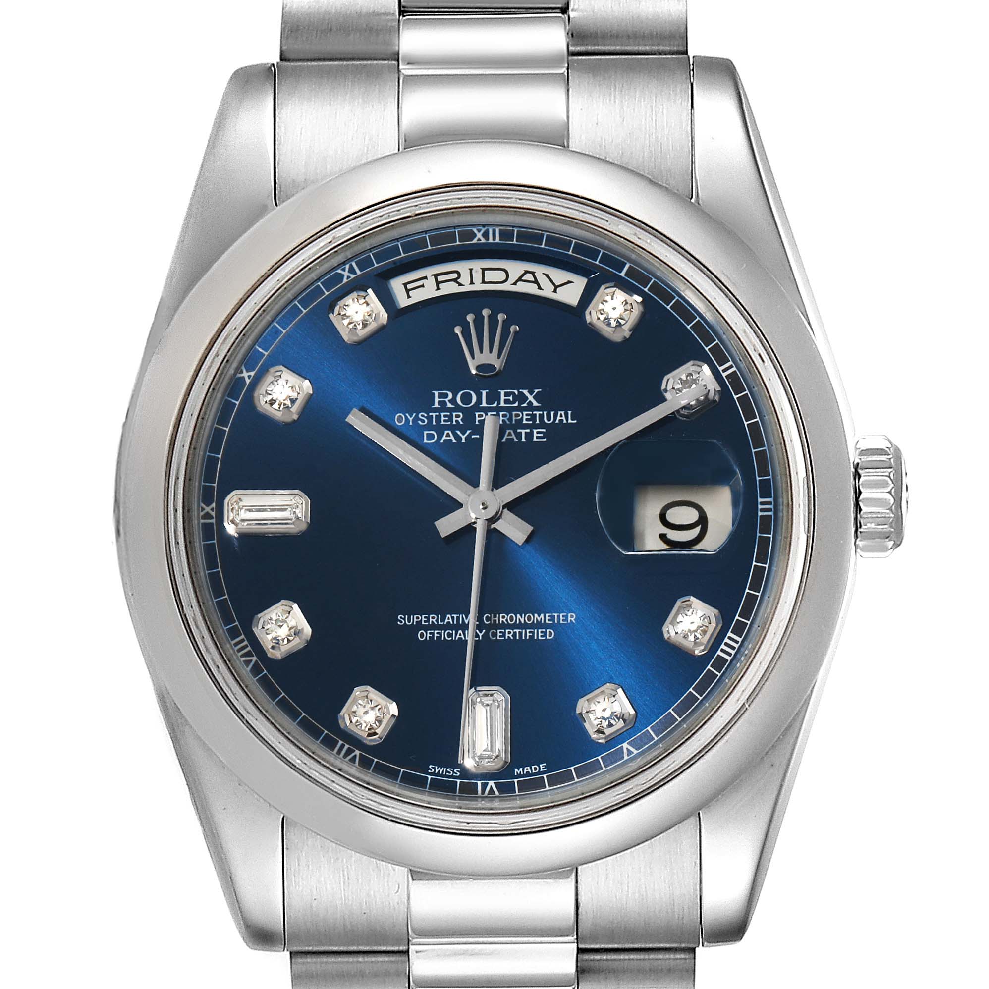 The image shows a front view of the Rolex President 118206 Men's White Gold Blue Dial 118206 Men's White Gold Blue Dial model watch, displaying its blue dial, day-date functions, and bracelet.