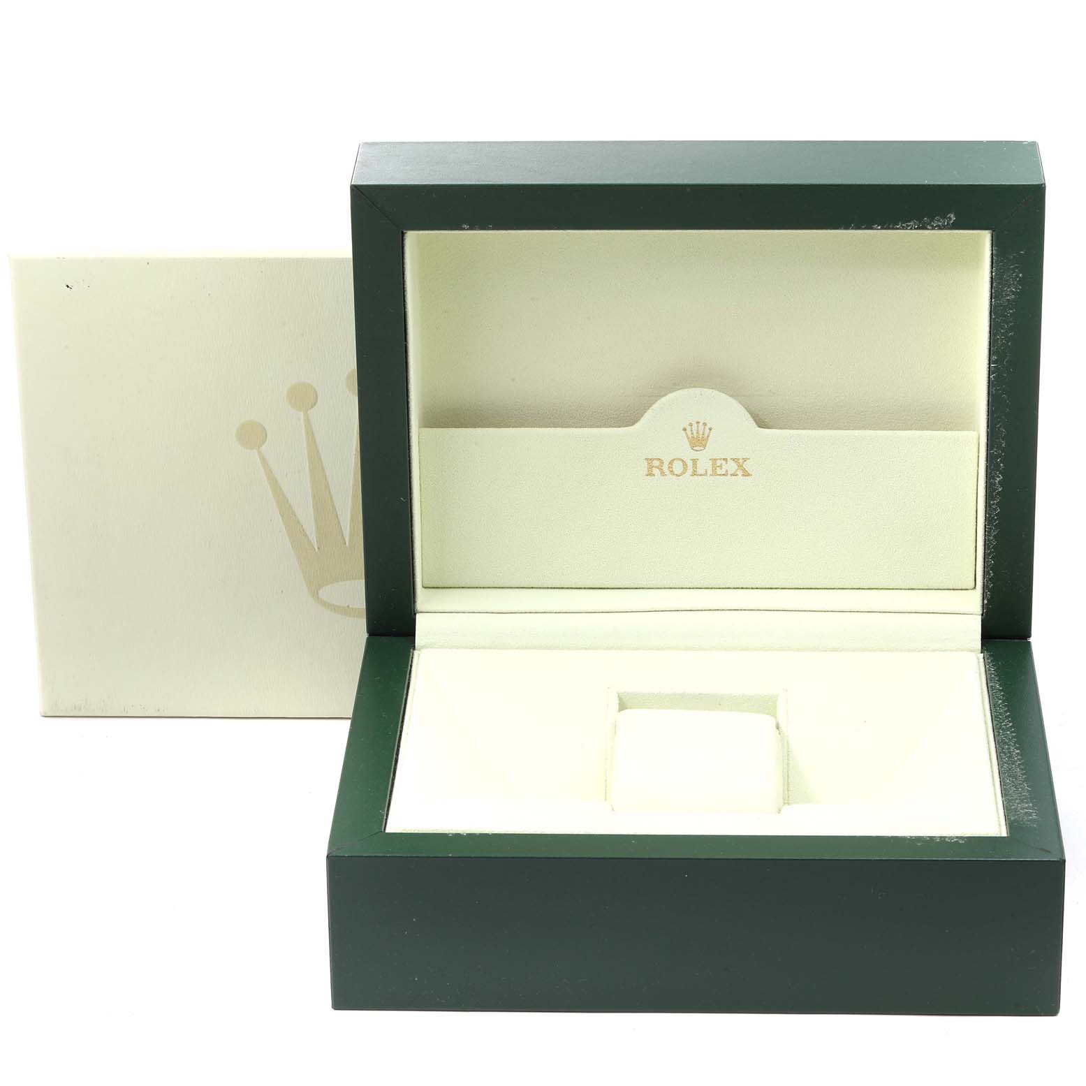 The image shows an open Rolex watch box for the President model with cushioning and the Rolex logo inside.