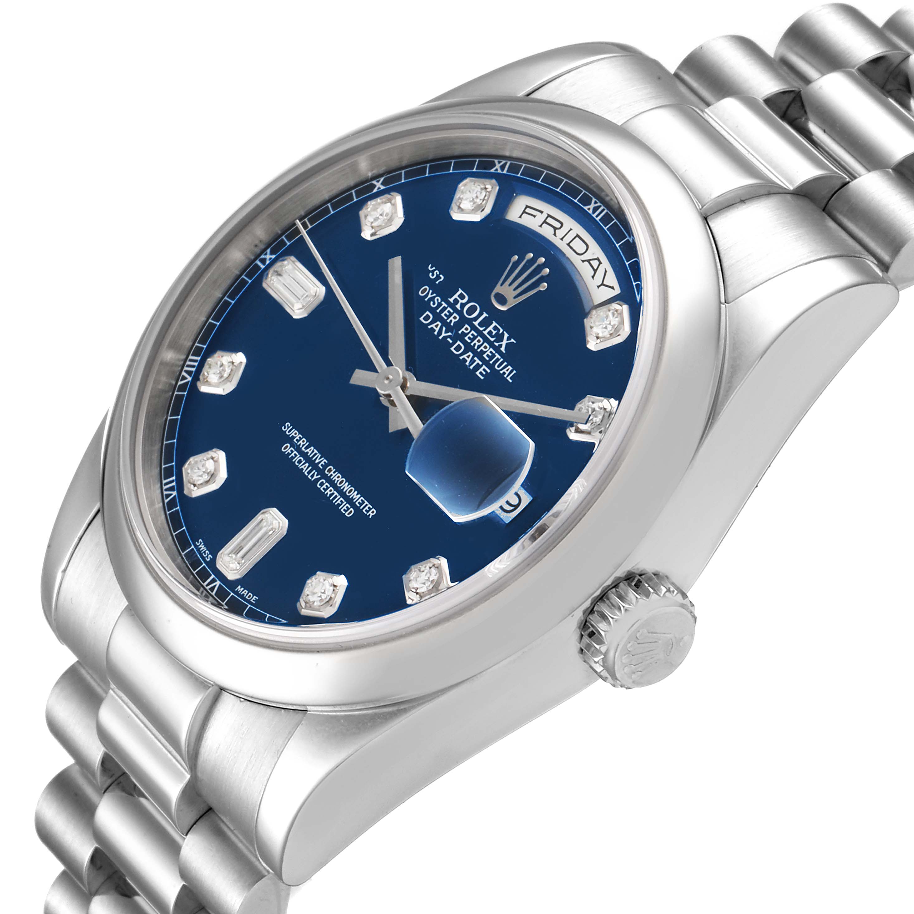 This image shows a close-up, angled view of the Rolex President 118206 Men's White Gold Blue Dial 118206 Men's White Gold Blue Dial model, highlighting the dial, crown, and part of the bracelet.
