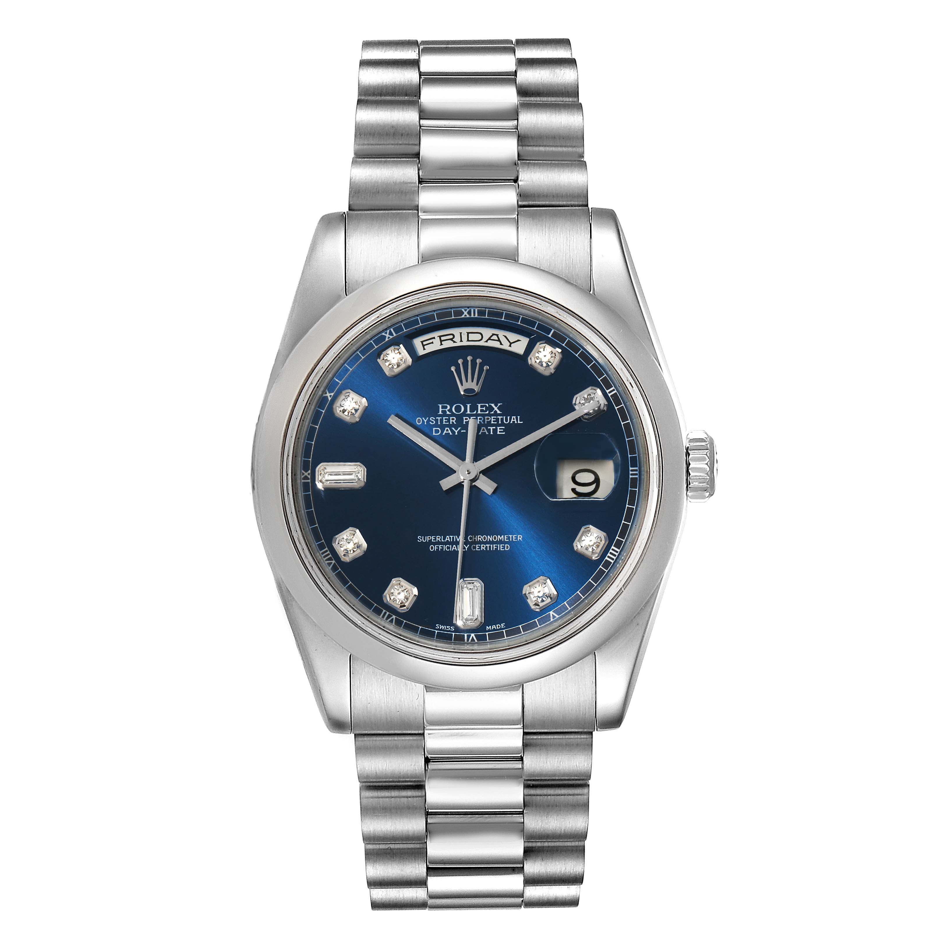 The image shows a front view of the Rolex President 118206 Men's White Gold Blue Dial 118206 Men's White Gold Blue Dial model watch, detailing its bracelet, dial, and date display.