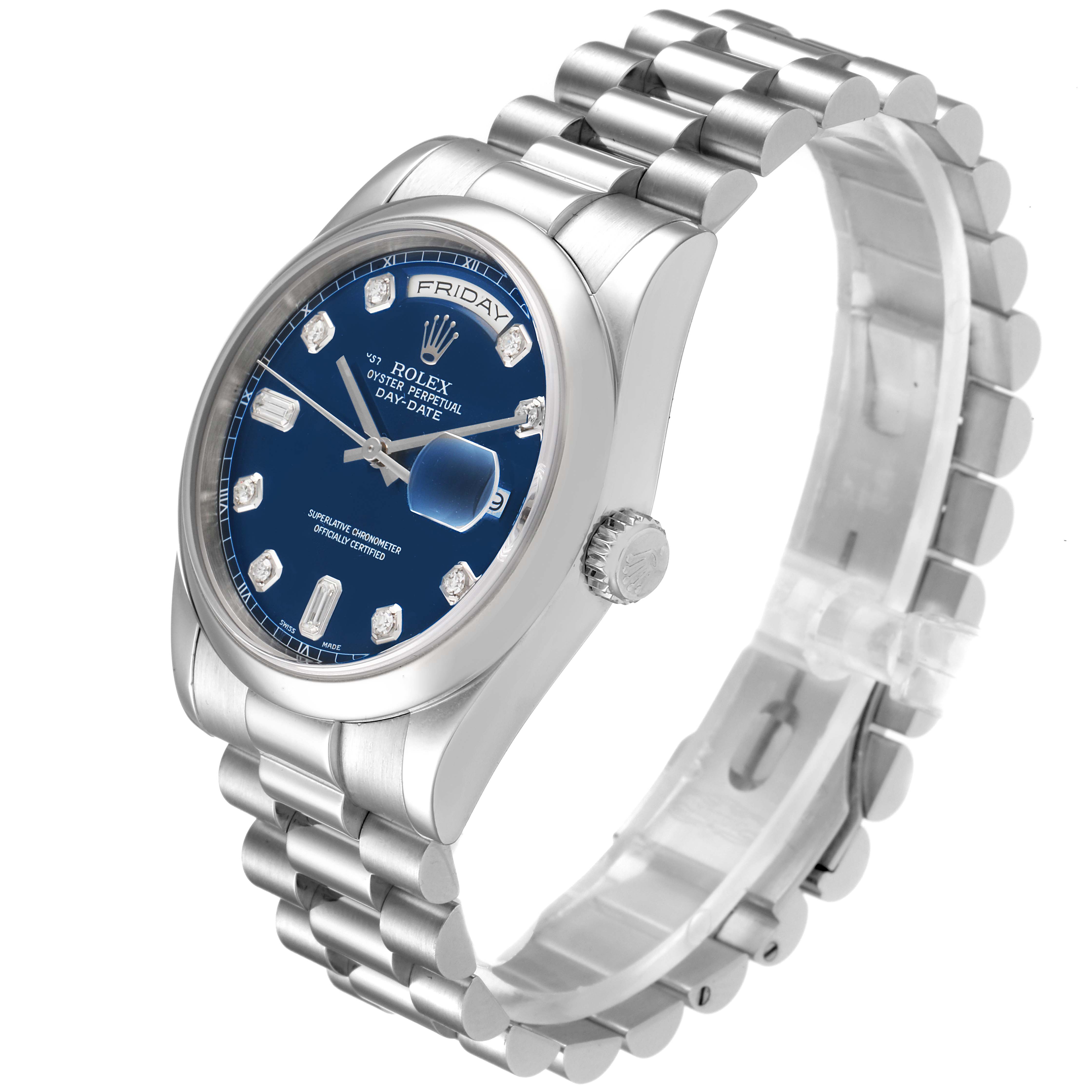 The image shows a side angle view of a Rolex President 118206 Men's White Gold Blue Dial 118206 Men's White Gold Blue Dial model watch, highlighting its bracelet, crown, and blue dial.
