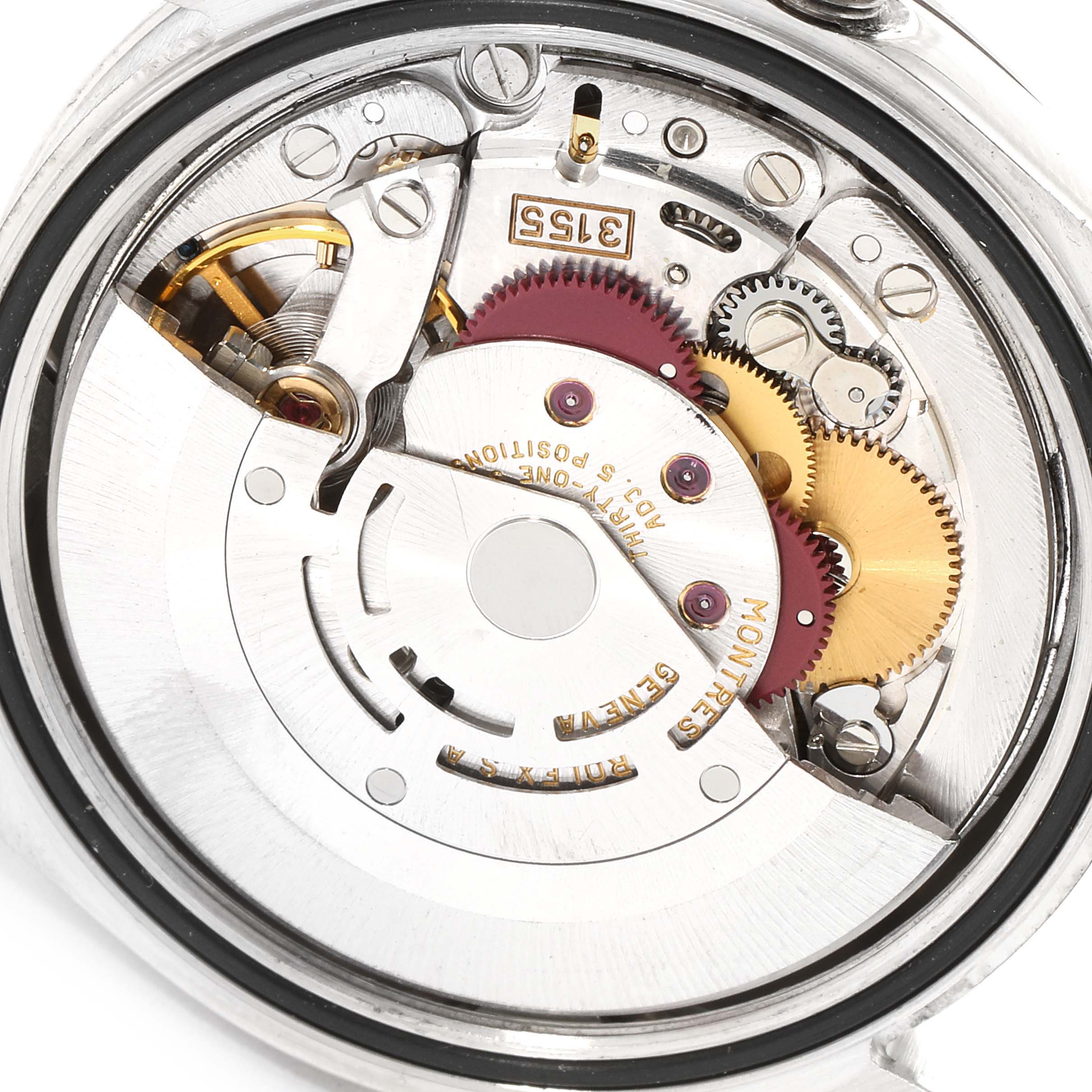 This image shows the intricate internal movement mechanics of the Rolex President 118206 Men's White Gold Blue Dial 118206 Men's White Gold Blue Dial model watch from a back view.