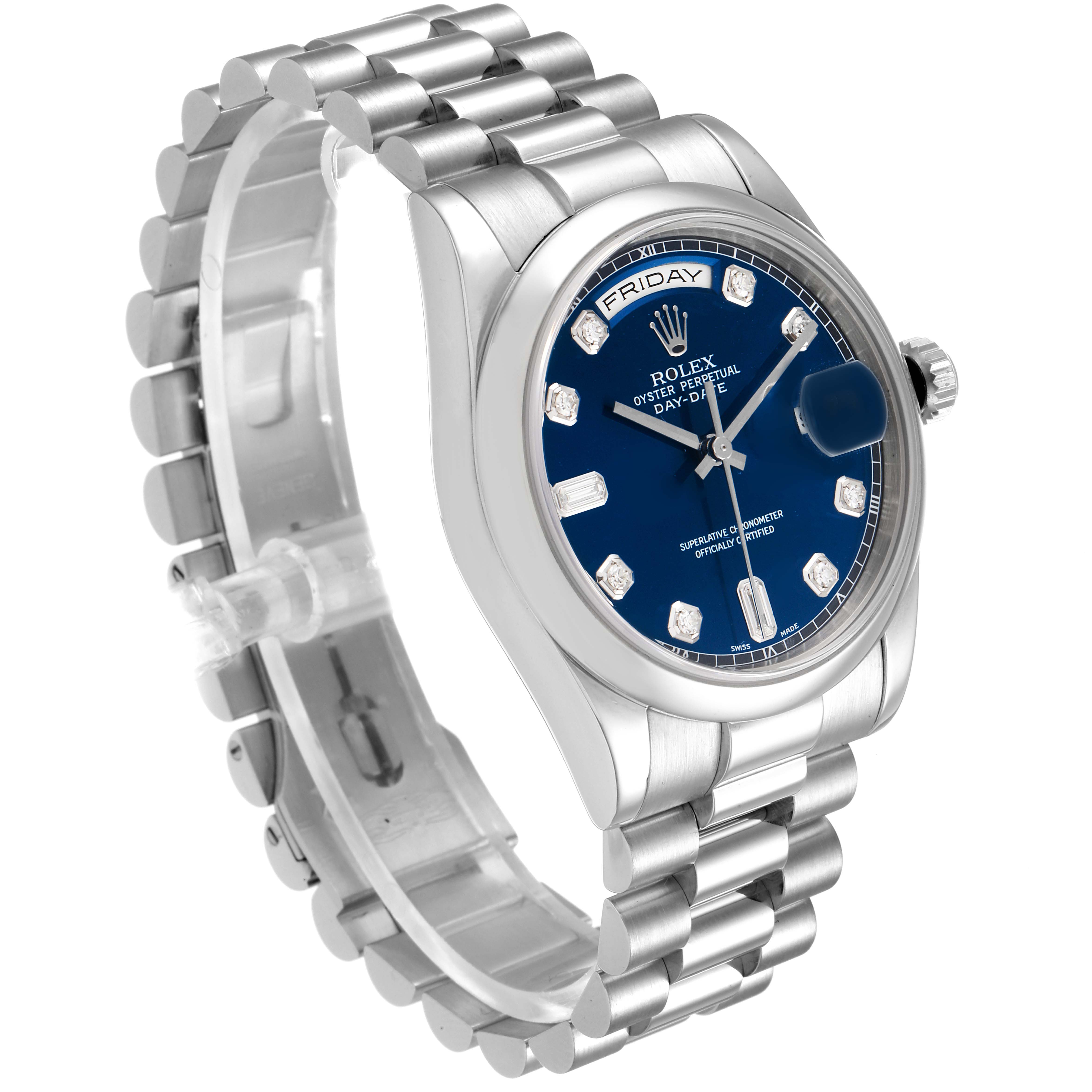 The image shows a Rolex President 118206 Men's White Gold Blue Dial 118206 Men's White Gold Blue Dial watch, angled to display the face, bezel, case, crown, and part of the bracelet.