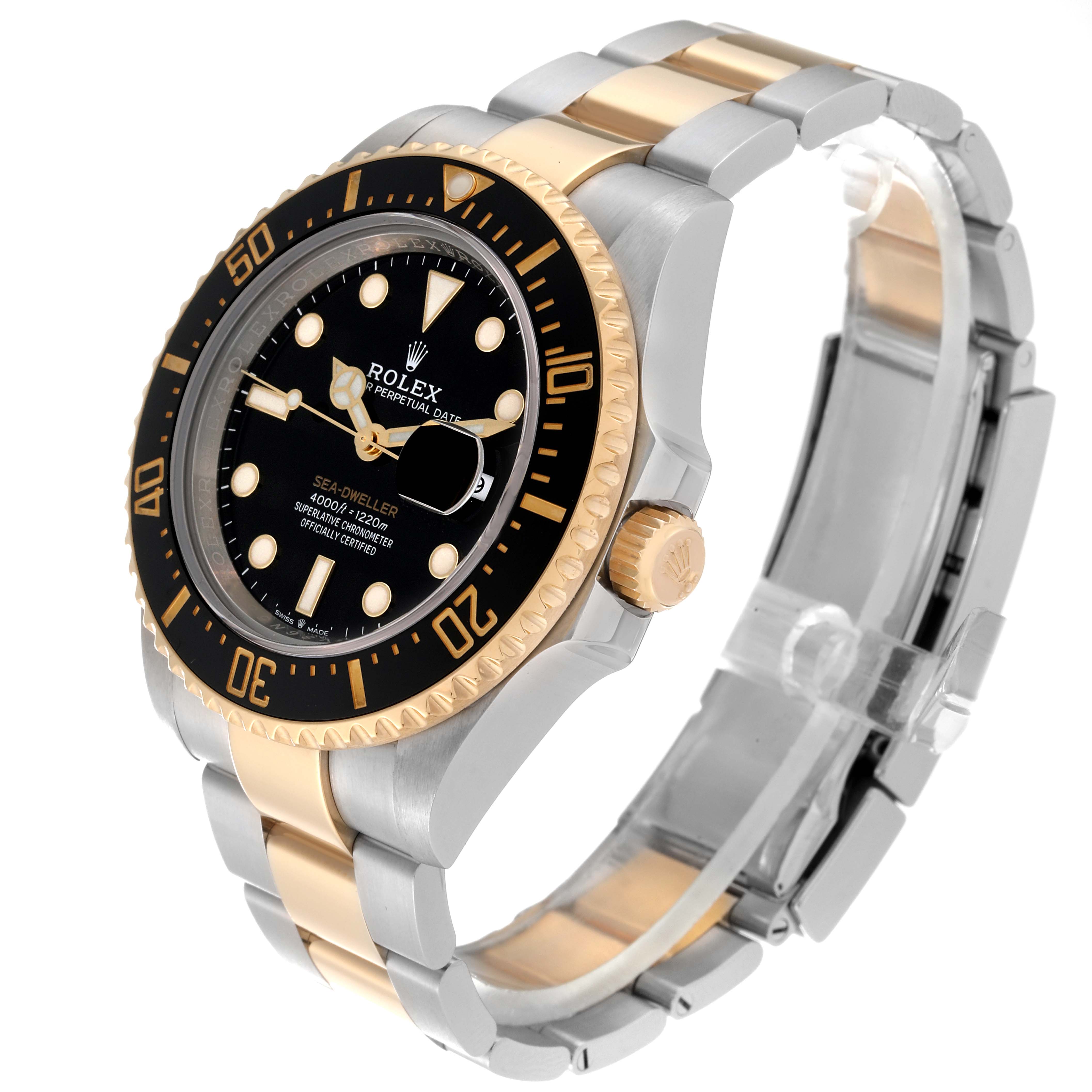 This Rolex Sea-Dweller 126603 Men
s Steel and Gold (two tone) Black Dial 126603 Men
s Steel and Gold (two tone) Black Dial watch is shown at a three-quarter angle, featuring its black dial, gold bezel, and two-tone bracelet.