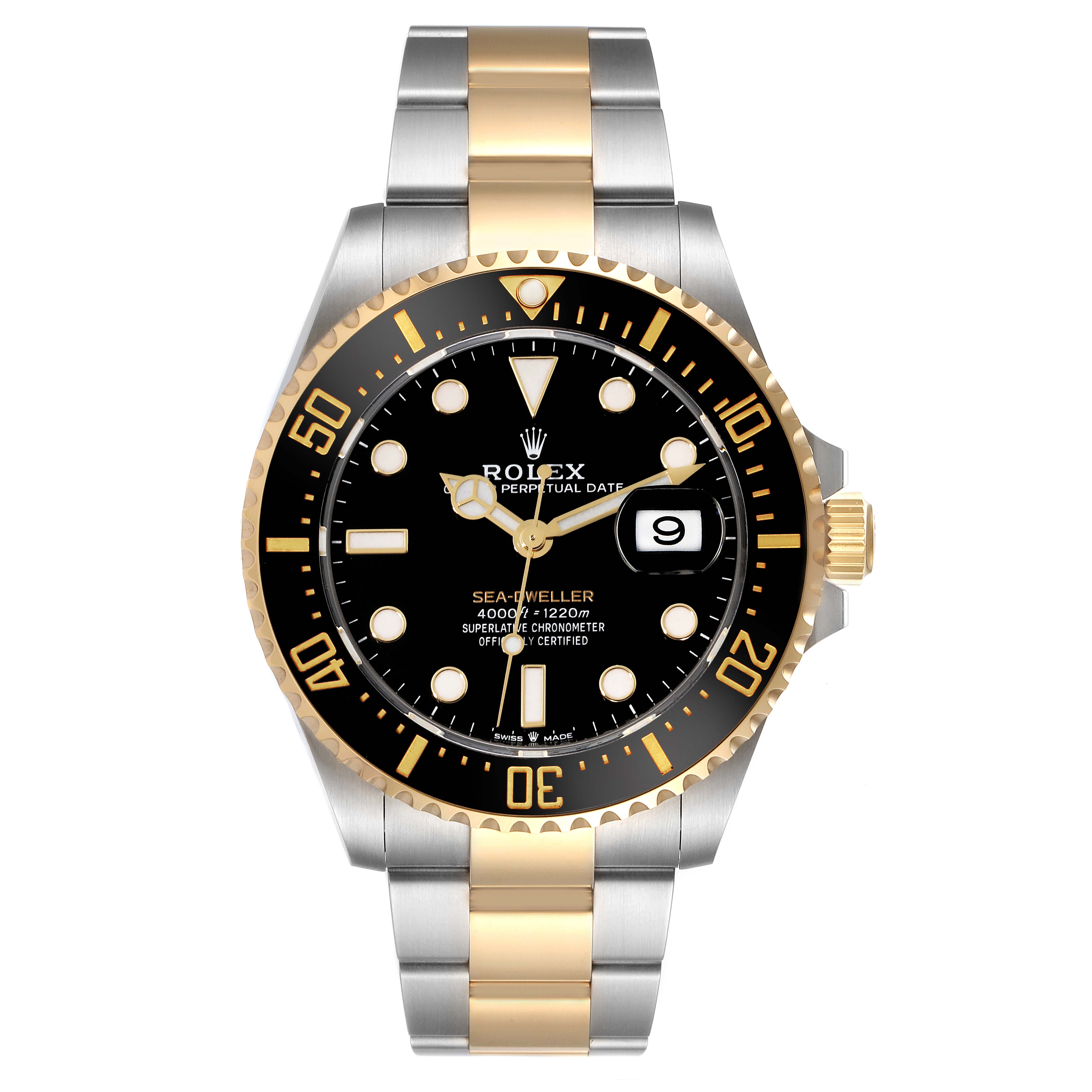 The image features a front view of the Rolex Sea-Dweller 126603 Men
s Steel and Gold (two tone) Black Dial 126603 Men
s Steel and Gold (two tone) Black Dial watch with a black dial, gold and black bezel, and a two-tone gold and silver bracelet.