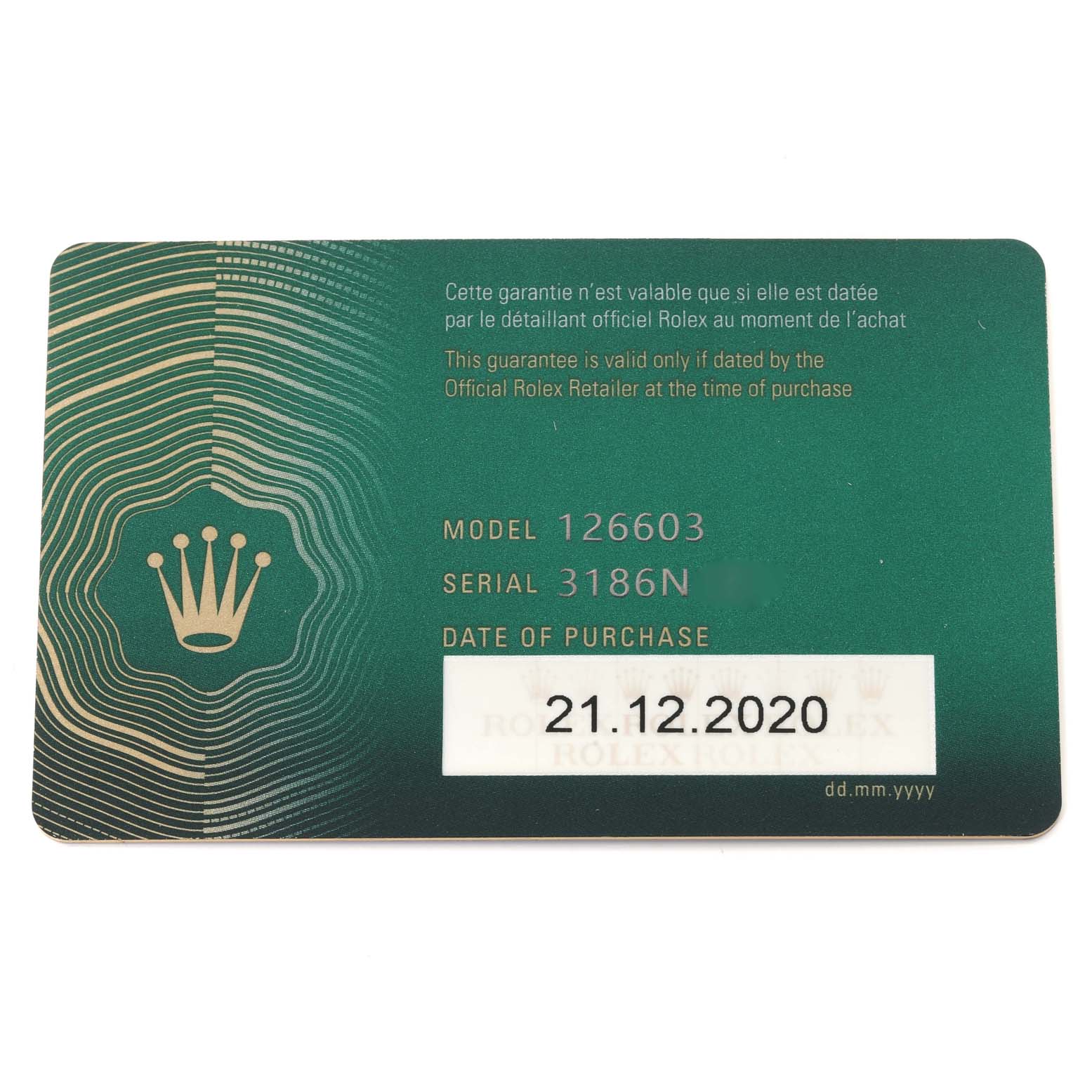 The image shows the warranty card for a Rolex Sea-Dweller 126603 Men
s Steel and Gold (two tone) Black Dial 126603 Men
s Steel and Gold (two tone) Black Dial model 126603, highlighting the serial number and purchase date.