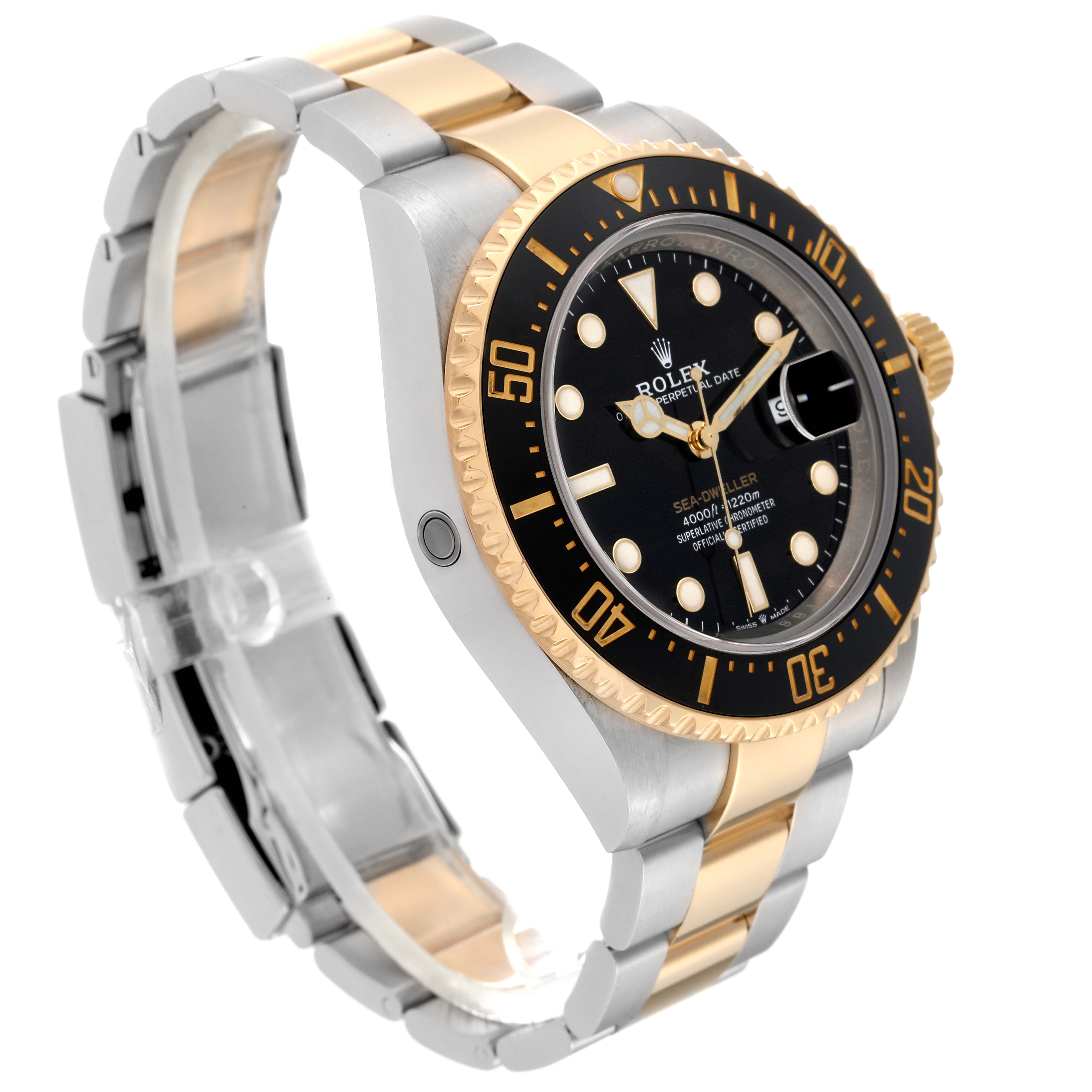 The Rolex Sea-Dweller 126603 Men
s Steel and Gold (two tone) Black Dial 126603 Men
s Steel and Gold (two tone) Black Dial model watch is shown at a front angle featuring the dial, bezel, and two-tone bracelet.