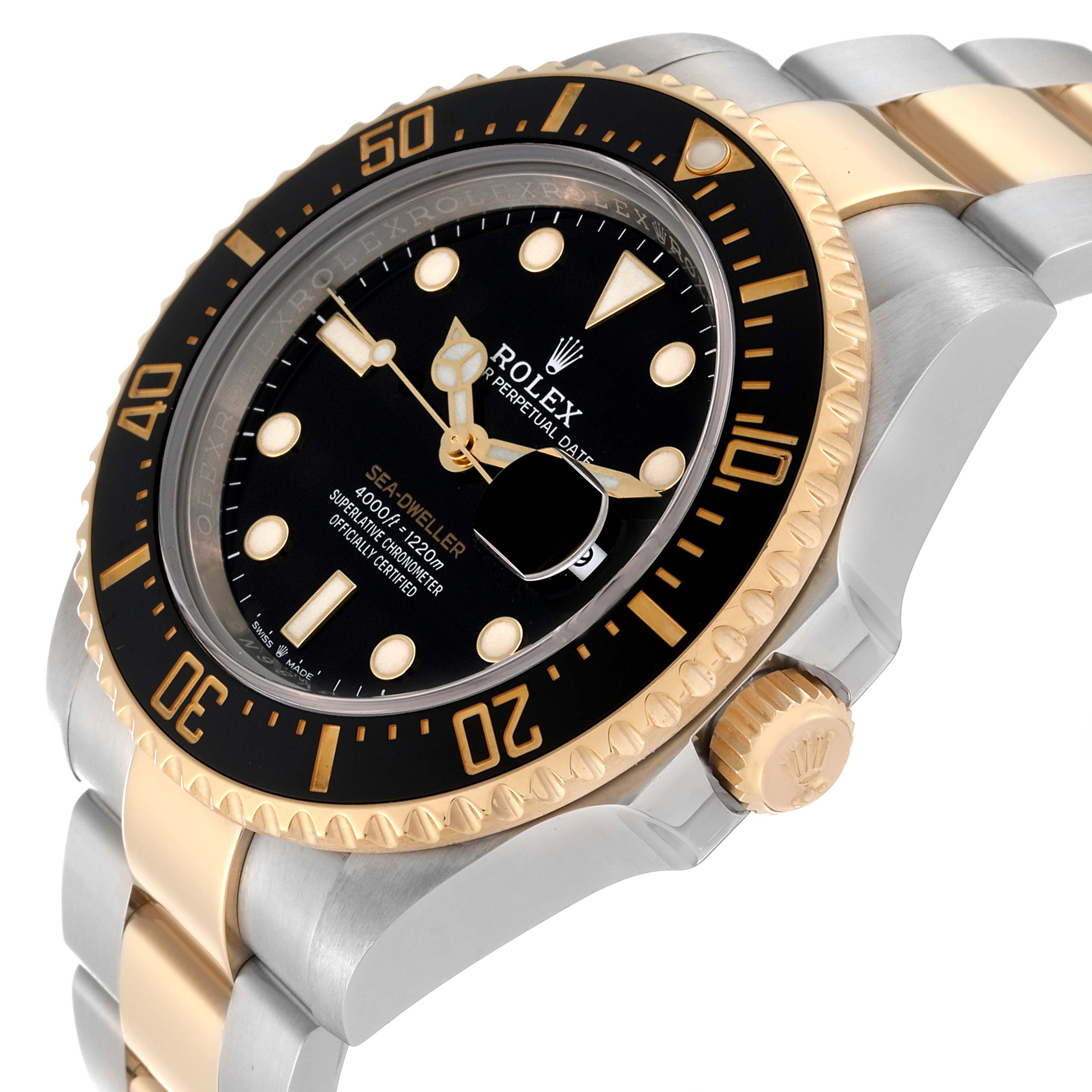 This image showcases a Rolex Sea-Dweller 126603 Men
s Steel and Gold (two tone) Black Dial 126603 Men
s Steel and Gold (two tone) Black Dial watch at a three-quarter angle, highlighting the dial, bezel, crown, and bracelet.