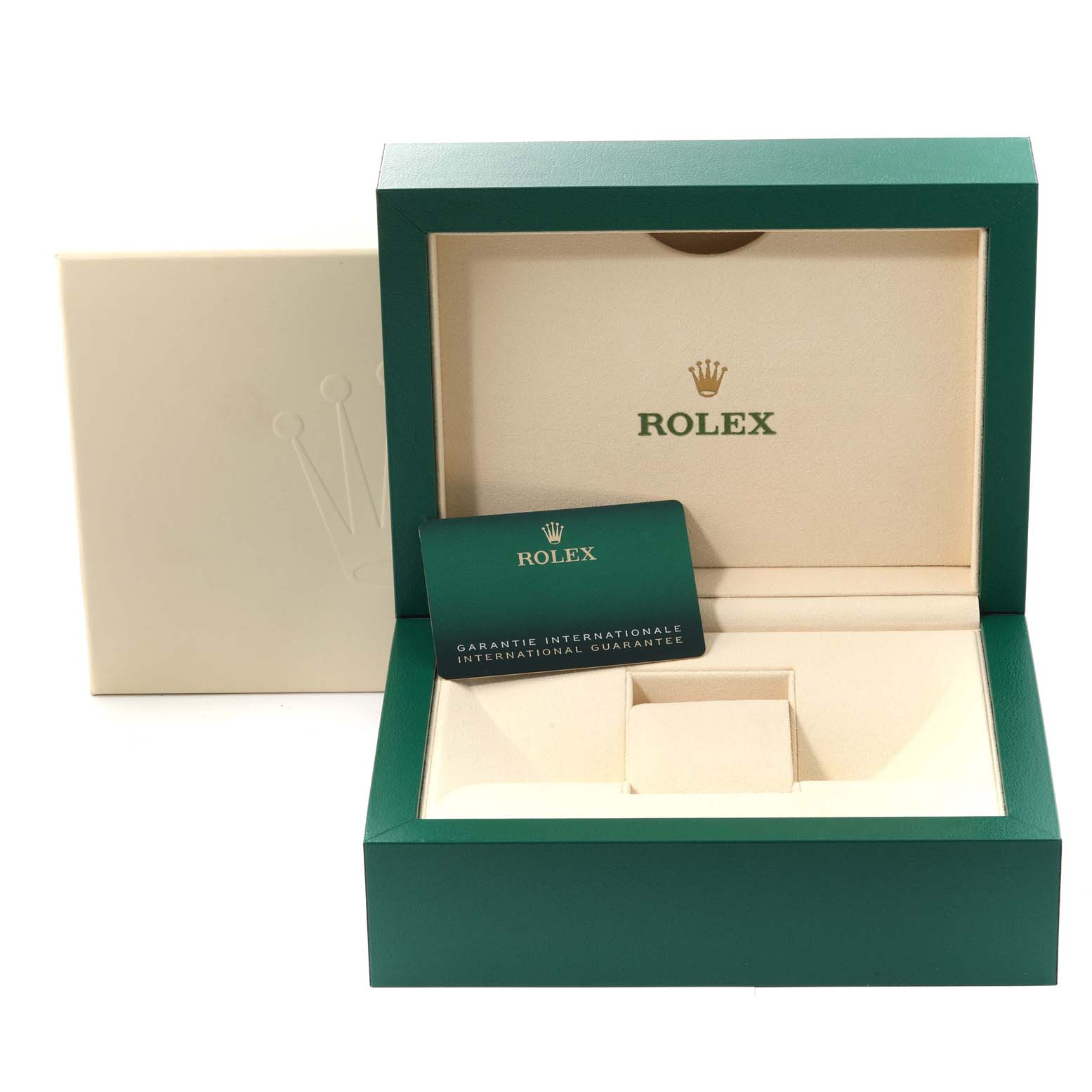 The image shows an open Rolex Sea-Dweller 126603 Men
s Steel and Gold (two tone) Black Dial 126603 Men
s Steel and Gold (two tone) Black Dial watch box, displaying the interior and guarantee card.