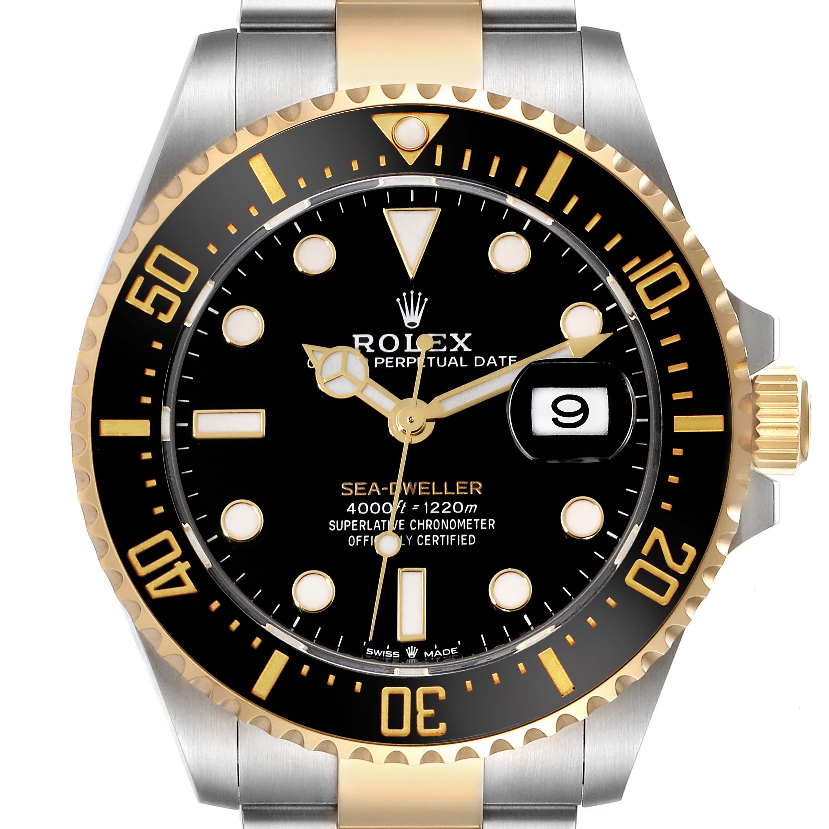 This image shows a front view of the Rolex Sea-Dweller 126603 Men
s Steel and Gold (two tone) Black Dial 126603 Men
s Steel and Gold (two tone) Black Dial, highlighting its black and gold bezel, dial, and date window.