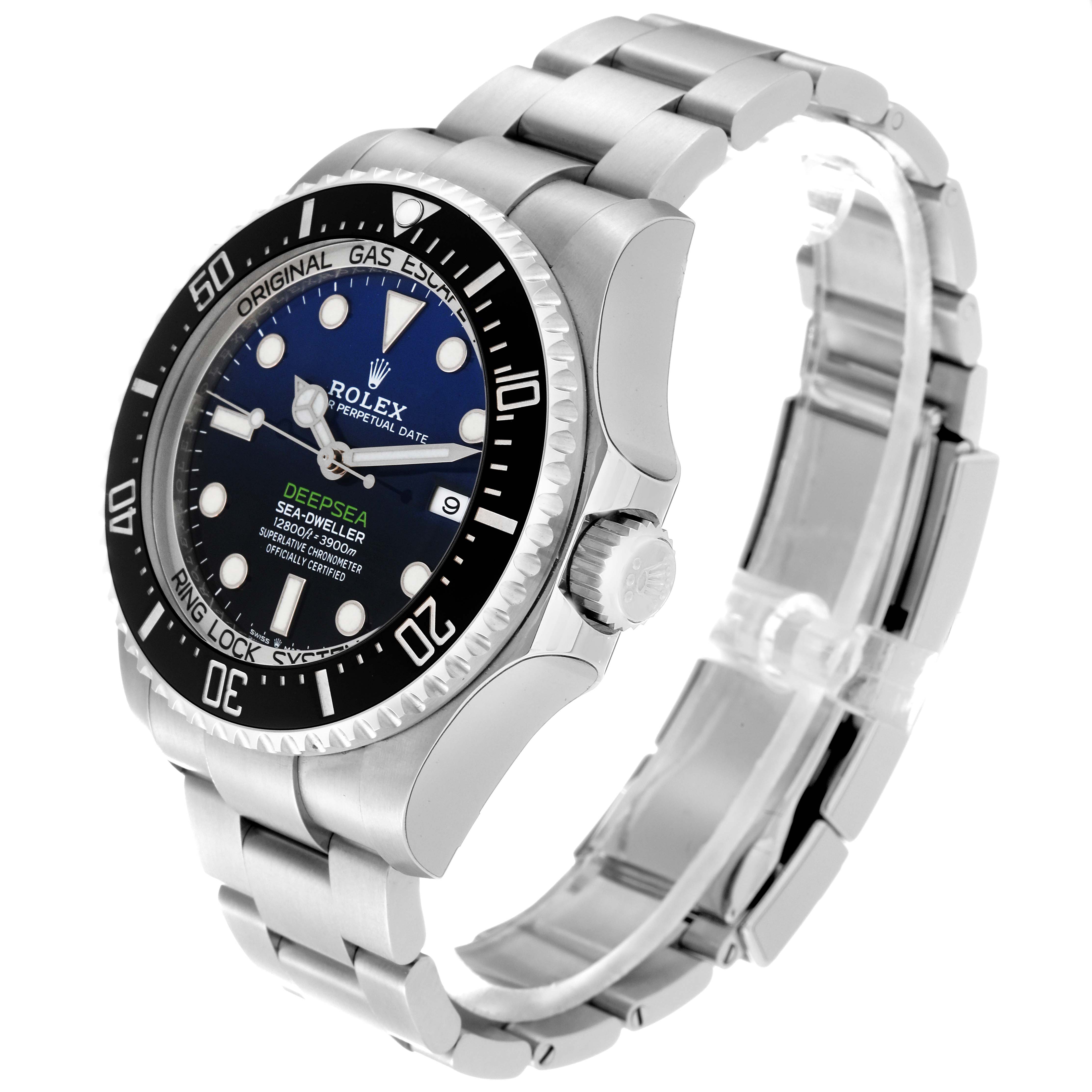 The image shows a Rolex Sea-Dweller M126660-0002 Men
s Stainless Steel Blue Dial M126660-0002 Men
s Stainless Steel Blue Dial watch at a three-quarter angle, highlighting the face, bezel, crown, and stainless-steel bracelet.