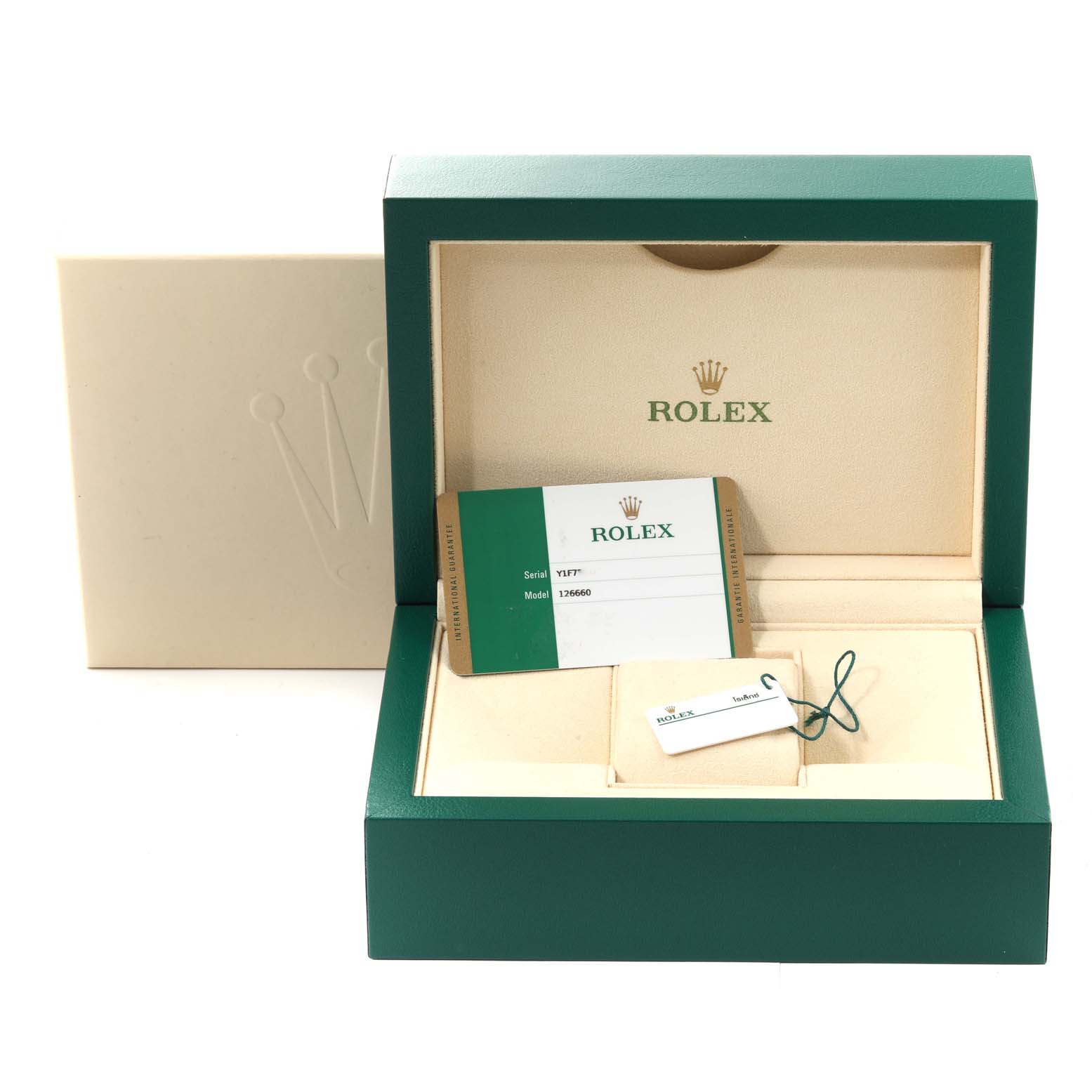 The image shows an open Rolex Sea-Dweller M126660-0002 Men
s Stainless Steel Blue Dial M126660-0002 Men
s Stainless Steel Blue Dial box, along with a warranty card and a tag.