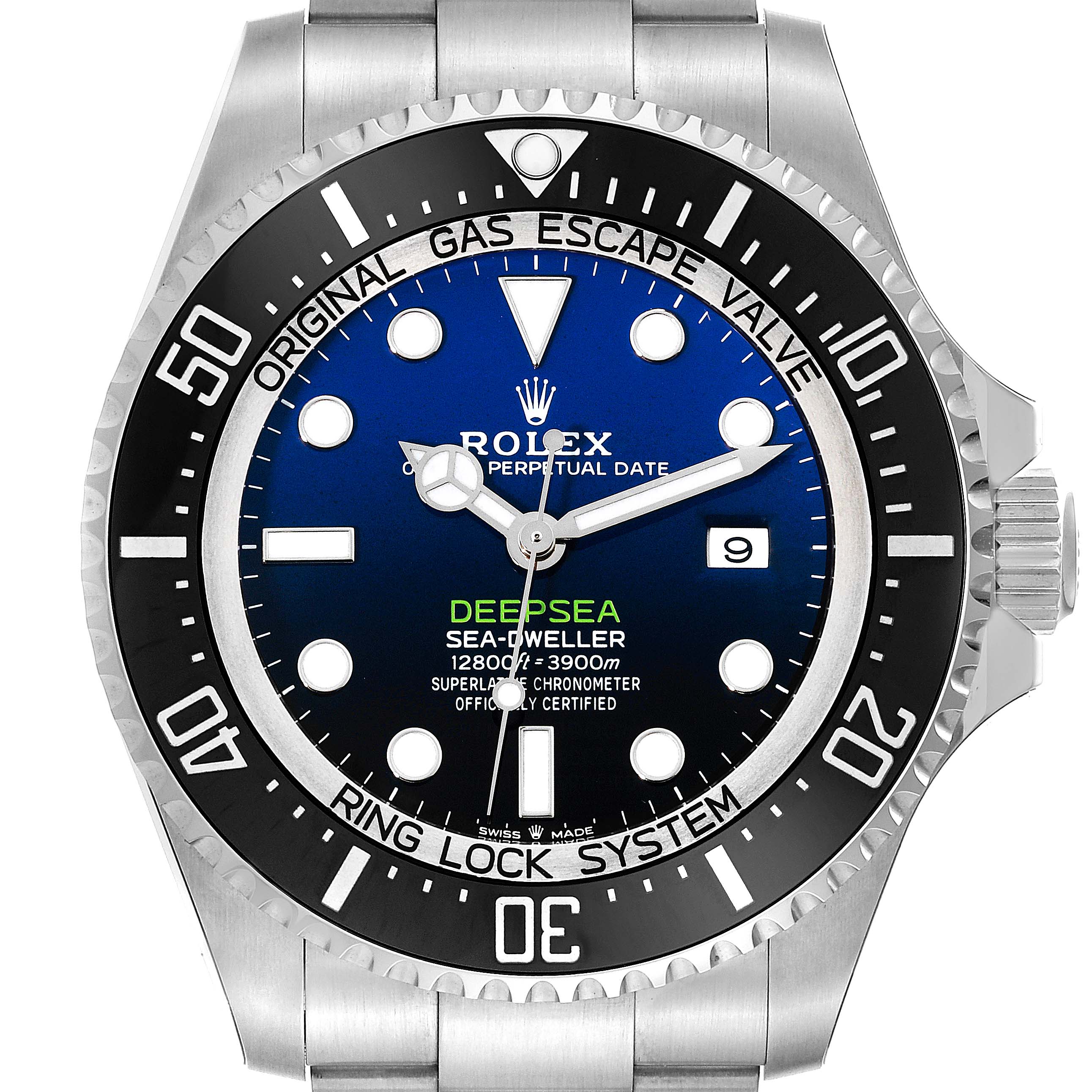 The image shows a frontal view of a Rolex Sea-Dweller M126660-0002 Men
s Stainless Steel Blue Dial M126660-0002 Men
s Stainless Steel Blue Dial watch, displaying its dial, bezel, and part of the bracelet.