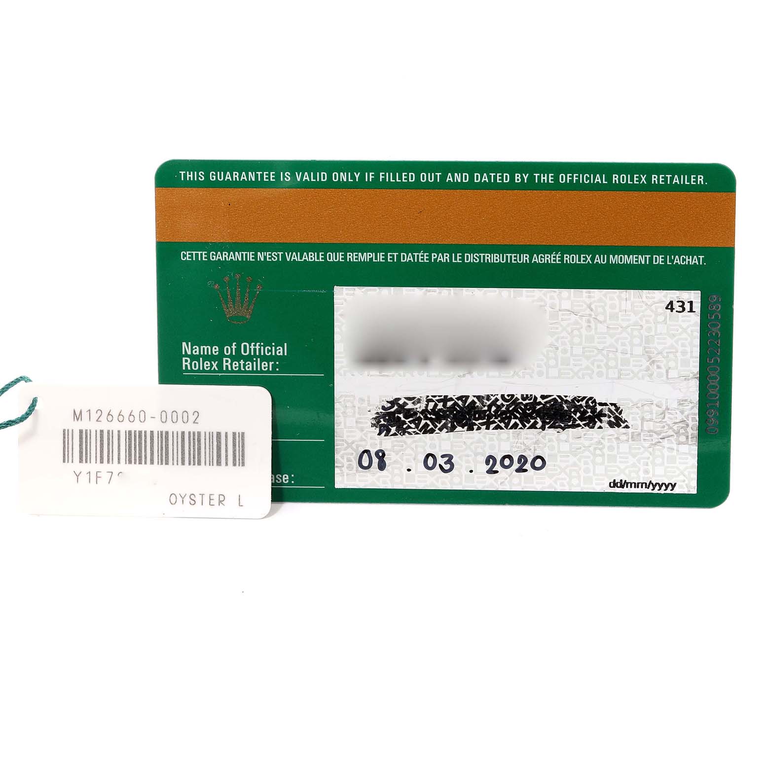 The image shows a warranty card and a tag for the Rolex Sea-Dweller M126660-0002 Men
s Stainless Steel Blue Dial M126660-0002 Men
s Stainless Steel Blue Dial watch model.