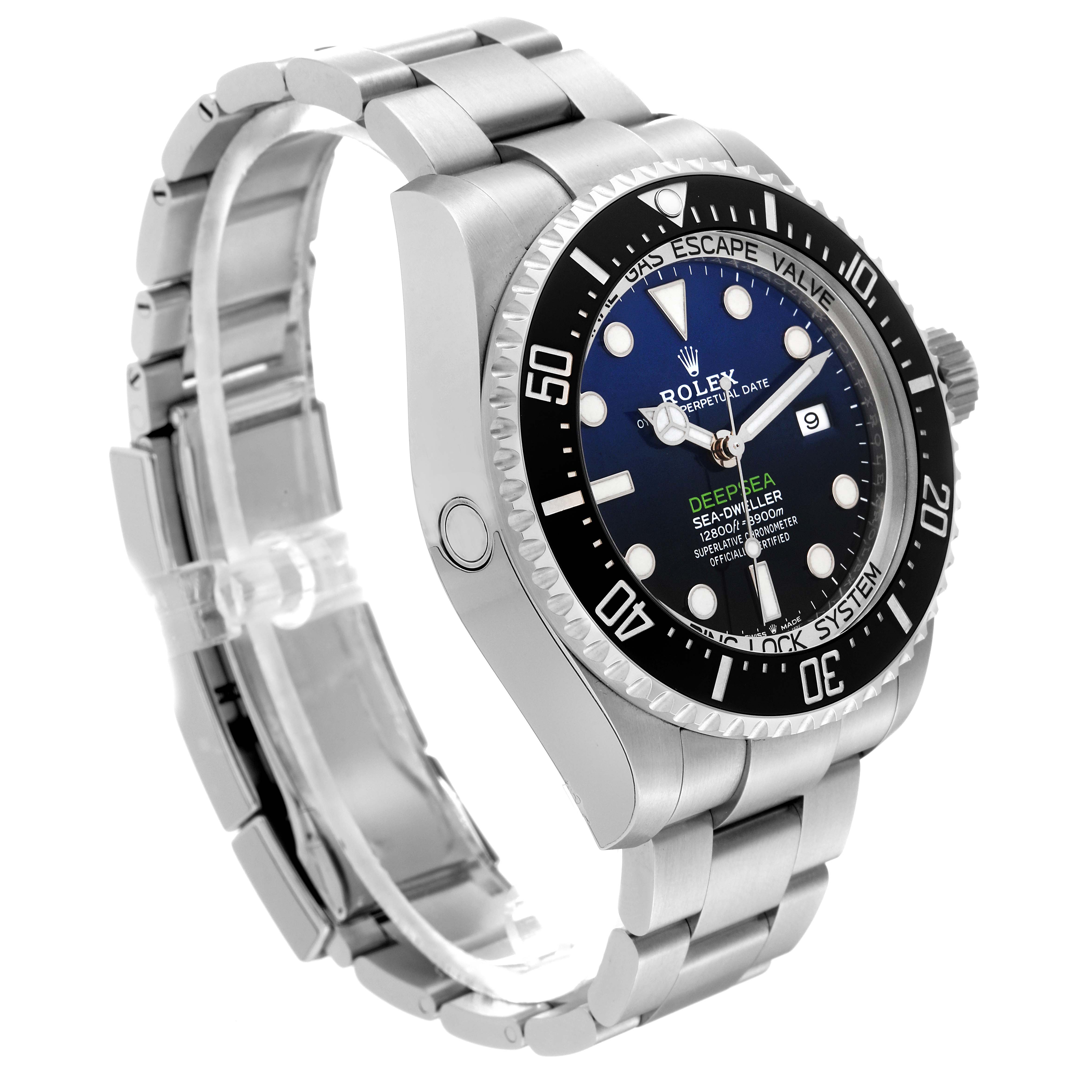 This image shows a Rolex Sea-Dweller M126660-0002 Men
s Stainless Steel Blue Dial M126660-0002 Men
s Stainless Steel Blue Dial watch at a slight side angle, displaying the case, bezel, dial, and bracelet.