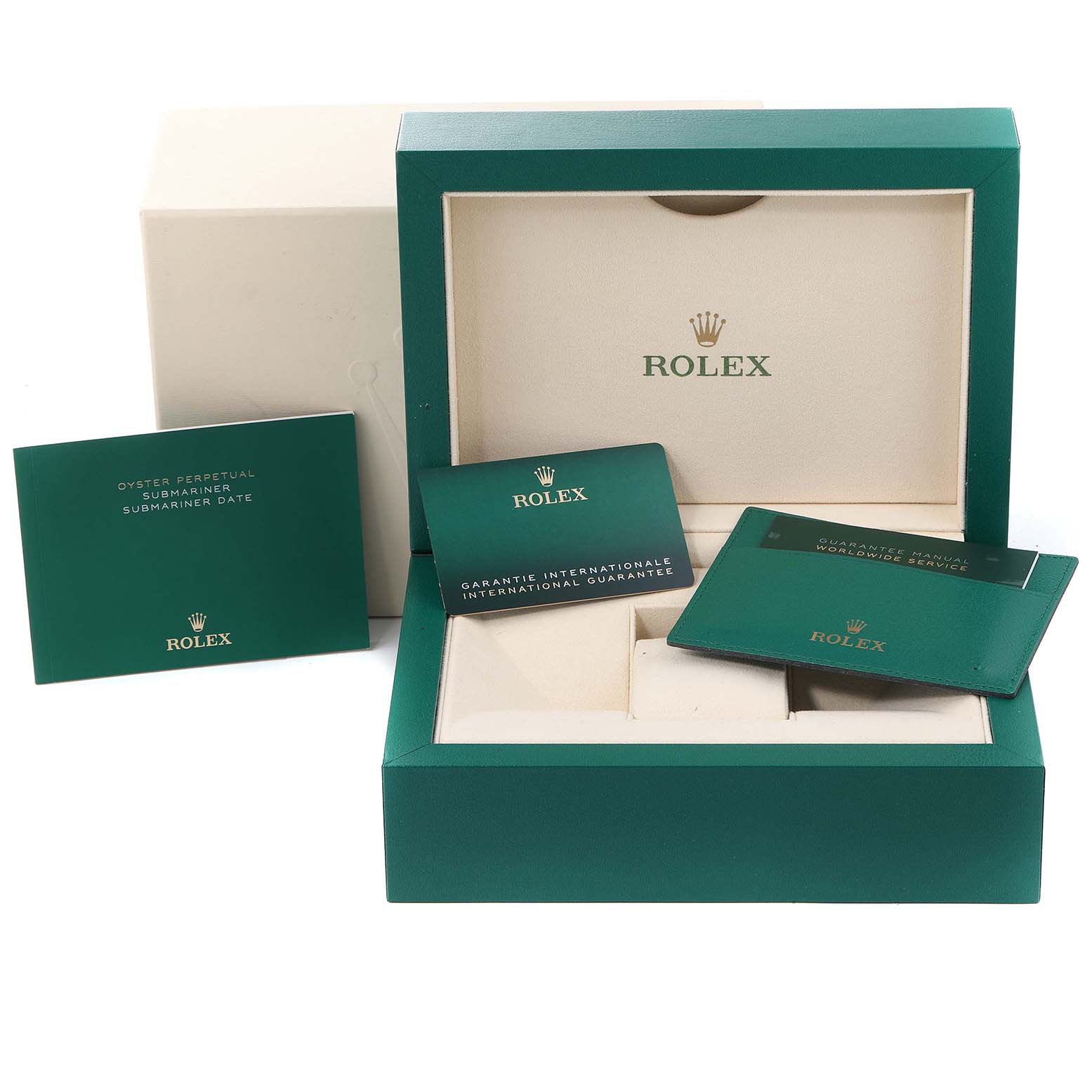 The Rolex Submariner 126618LB Men's Yellow Gold Blue Dial 126618LB Men's Yellow Gold Blue Dial model's accessories display the watch's box, warranty cards, and manuals from a frontal angle.