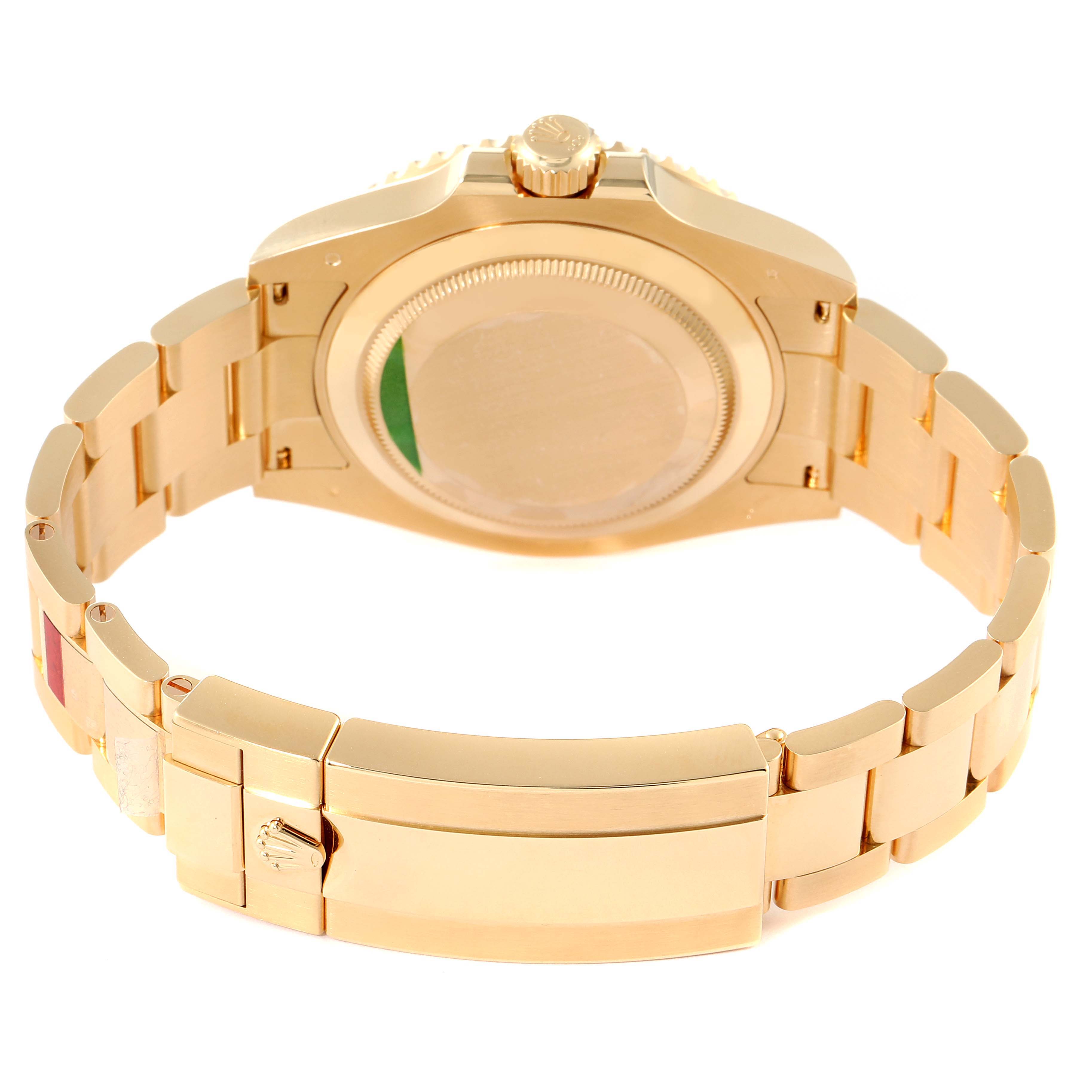 The image shows the backside and bracelet of a Rolex Submariner 126618LB Men's Yellow Gold Blue Dial 126618LB Men's Yellow Gold Blue Dial watch, highlighting the clasp and case back.