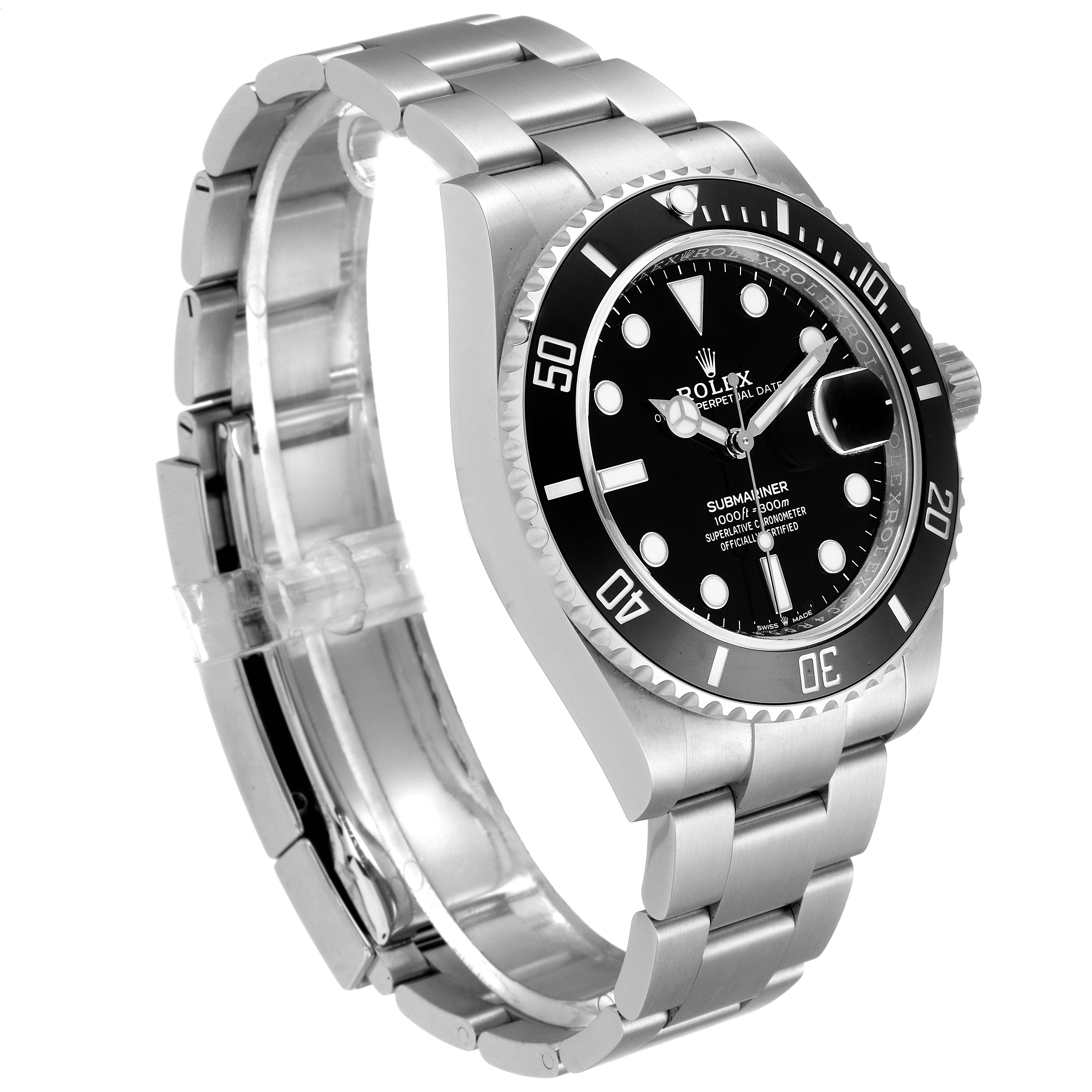 The image shows a side angle of the Rolex Submariner 126610LN Men
s Stainless Steel Black Dial 126610LN Men
s Stainless Steel Black Dial, highlighting the bezel, dial, bracelet, and crown.