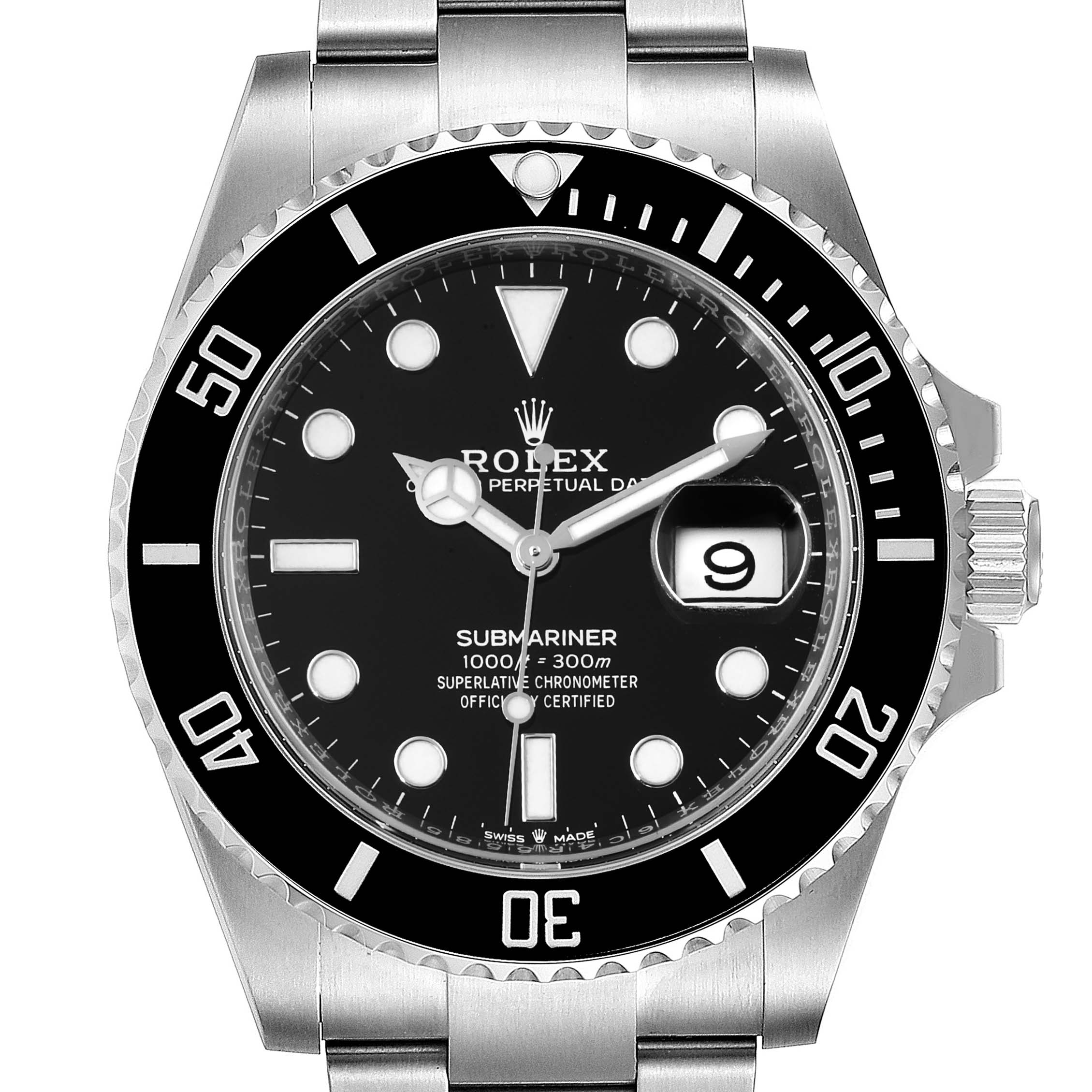 The image shows a front view of the Rolex Submariner 126610LN Men
s Stainless Steel Black Dial 126610LN Men
s Stainless Steel Black Dial watch, highlighting its dial, bezel, bracelet, and date window.
